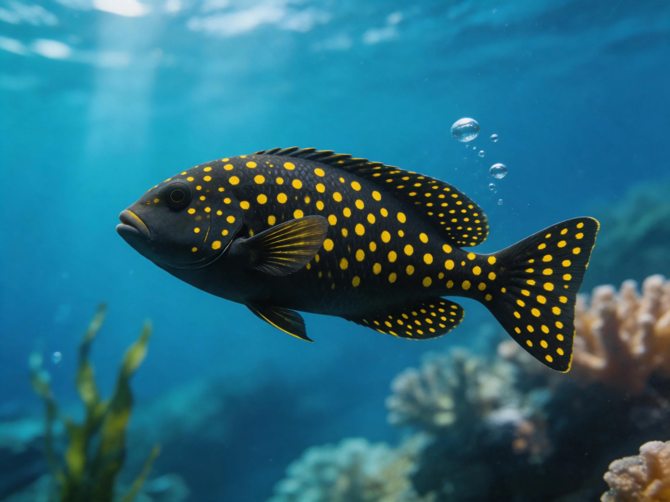 A black fish with bright yellow spots swimming near coral reefs