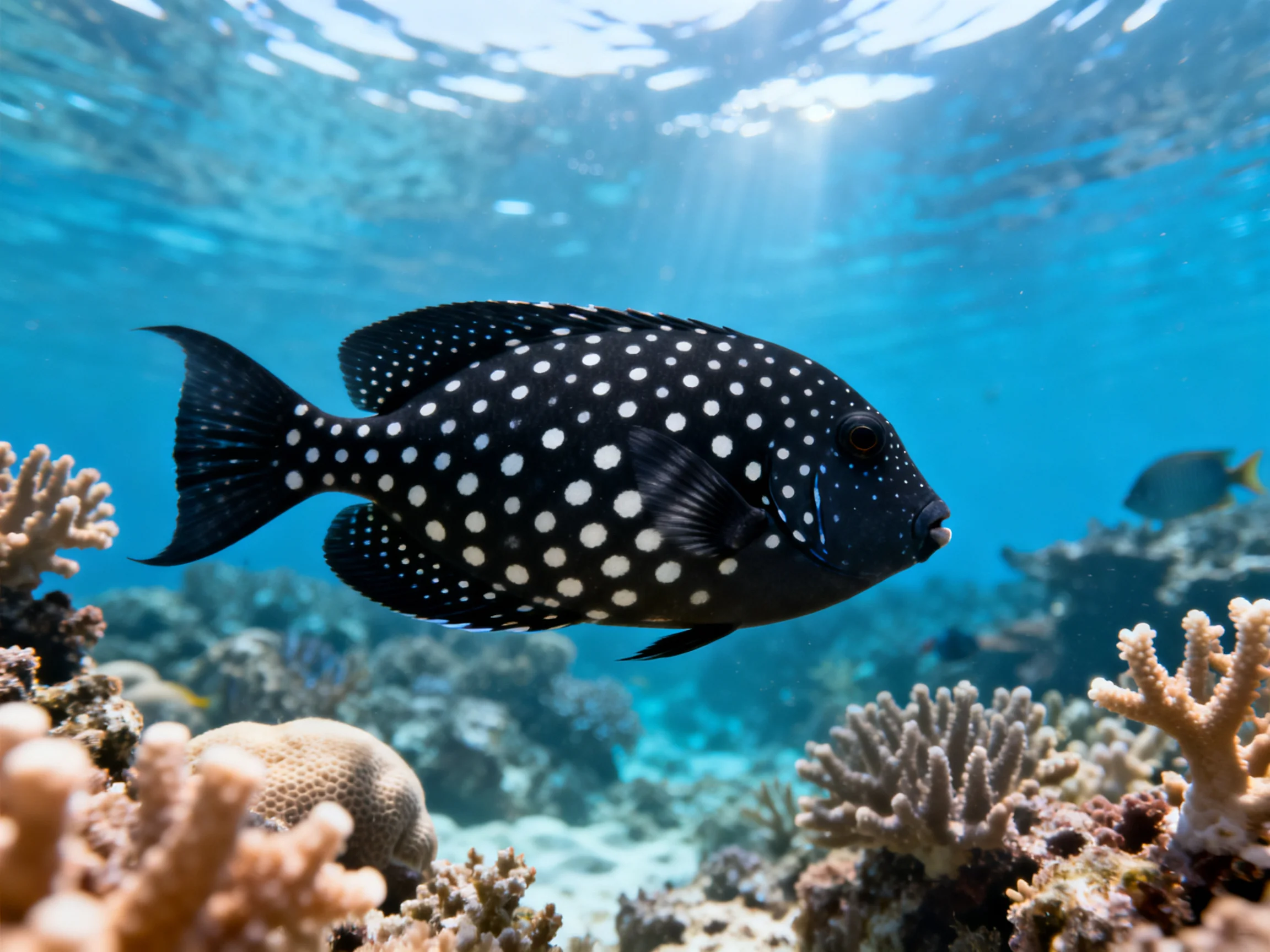 A black fish with white spots swims among colorful coral reefs underwater