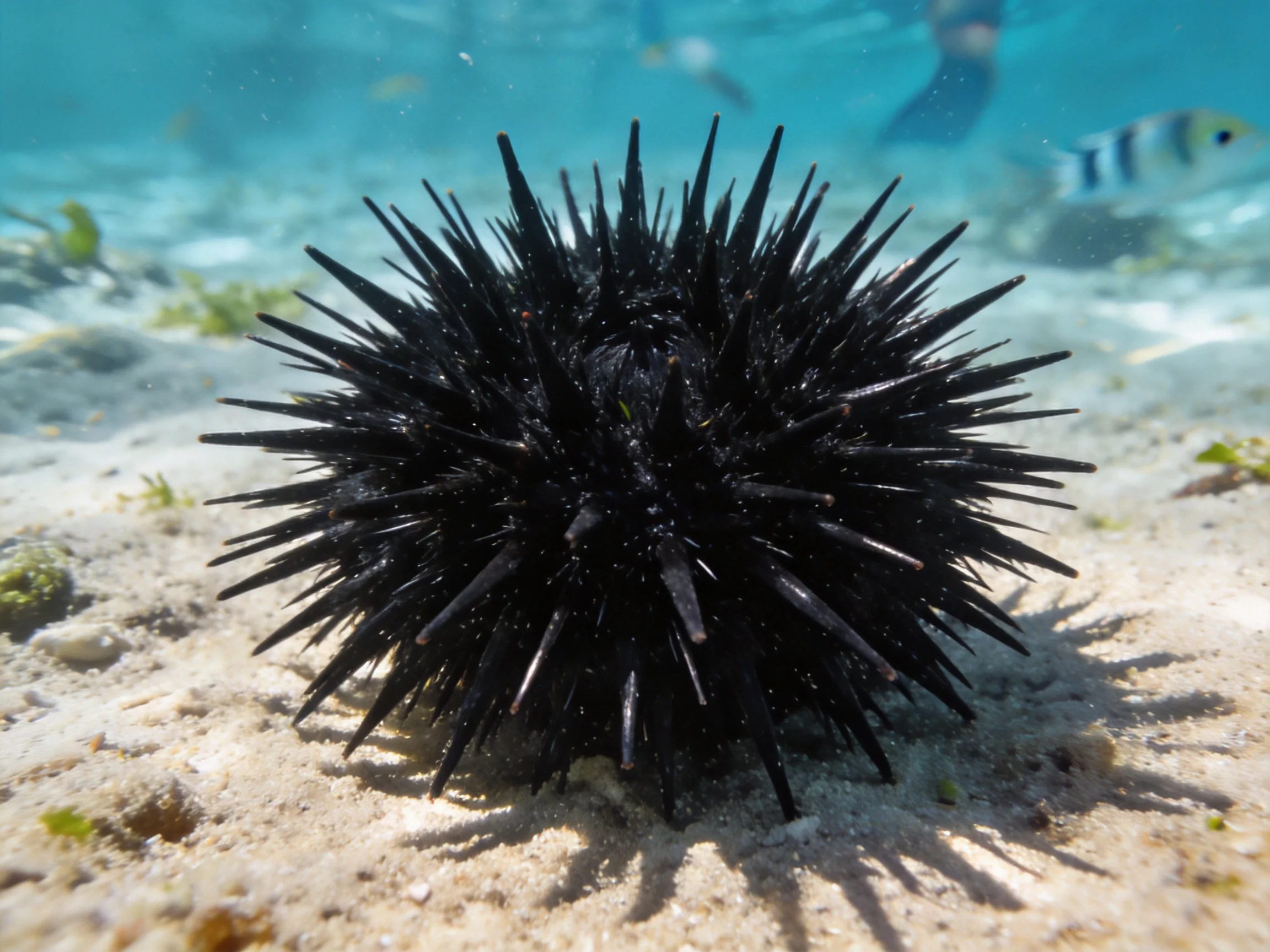 A black spiky sea urchin on sandy seabed with marine life