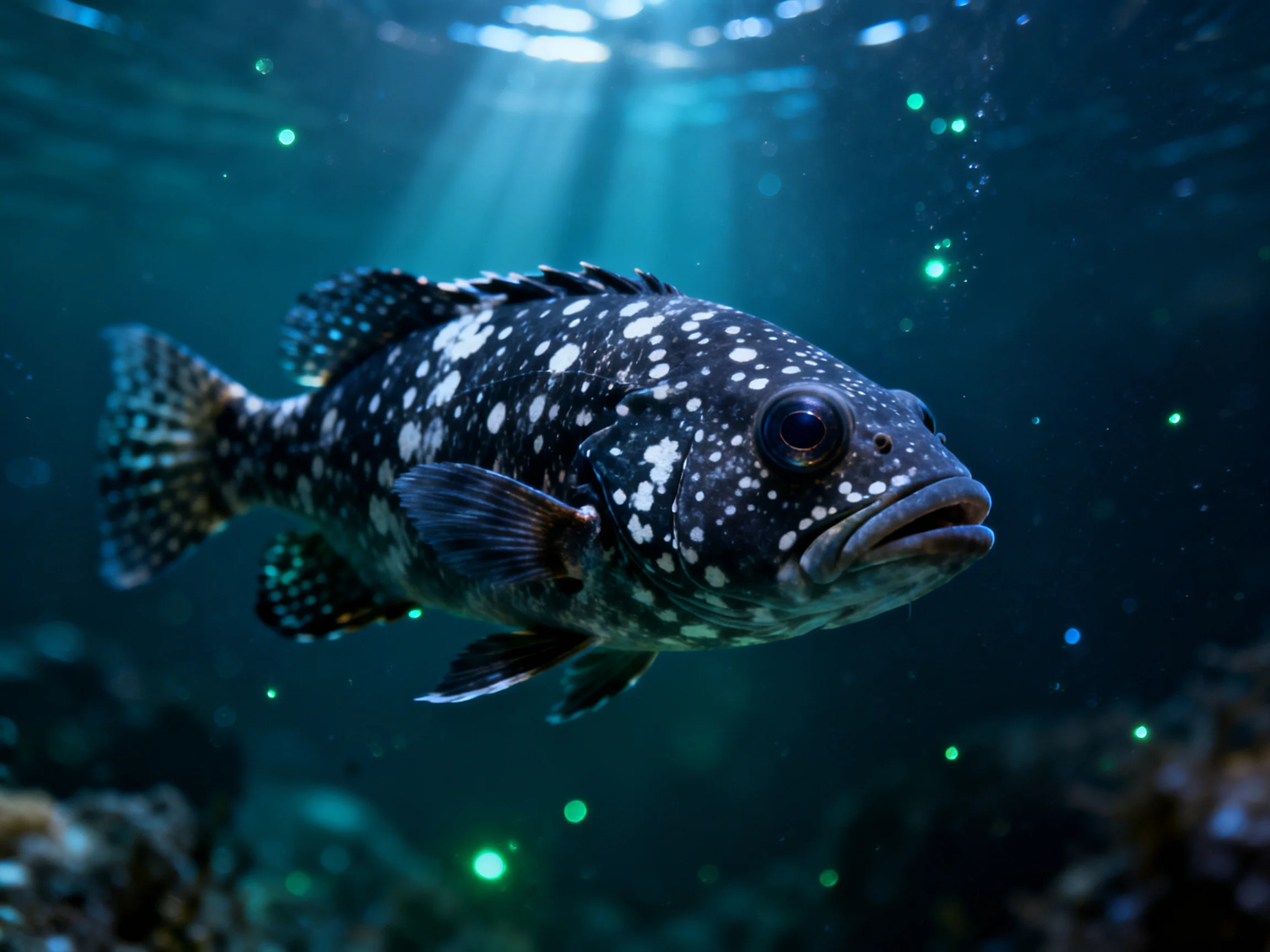 A black-spotted fish glides through deep blue ocean depths with sunlight rays