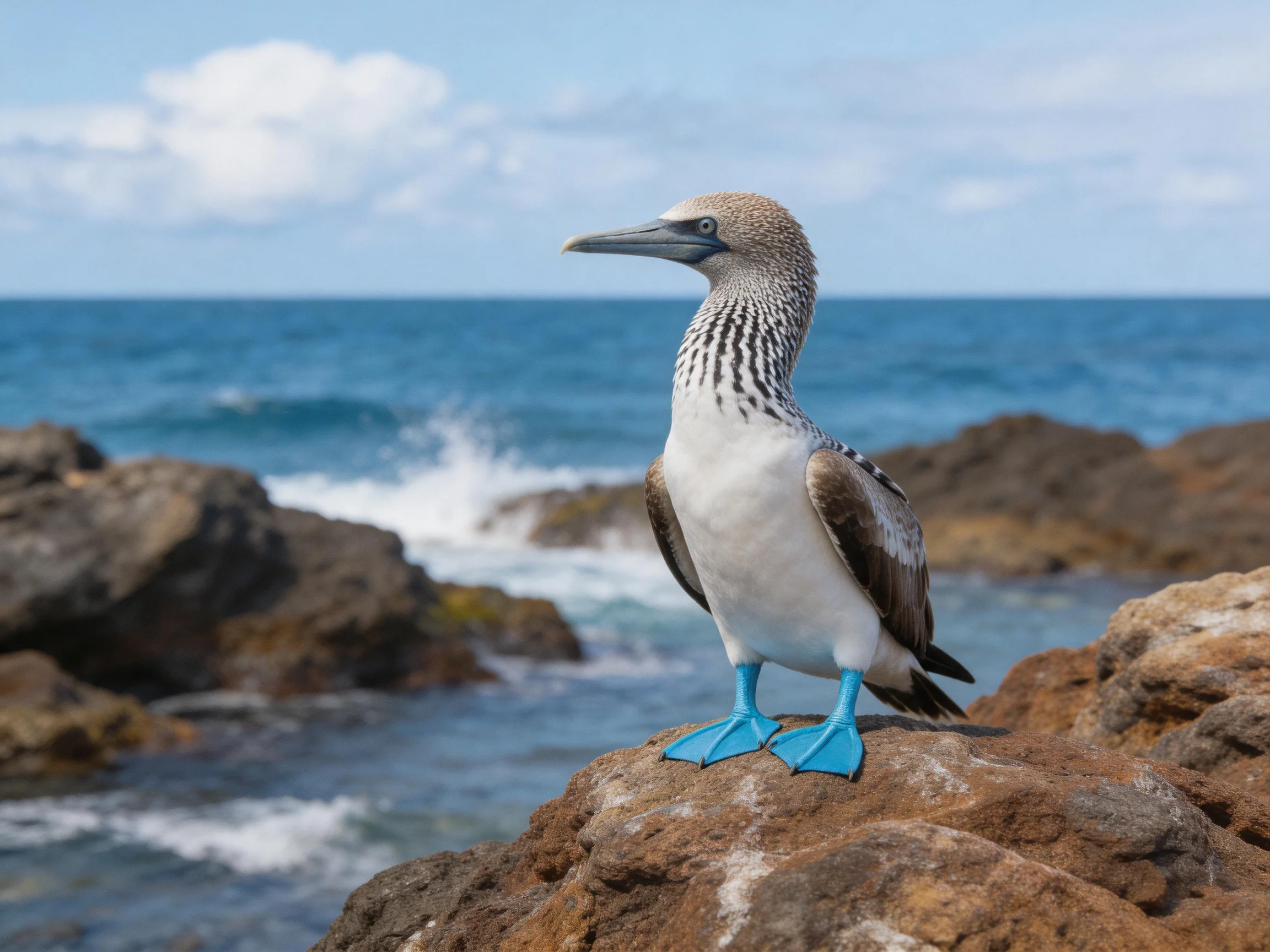 A blue-footed booby perched on a rocky coastal outcrop