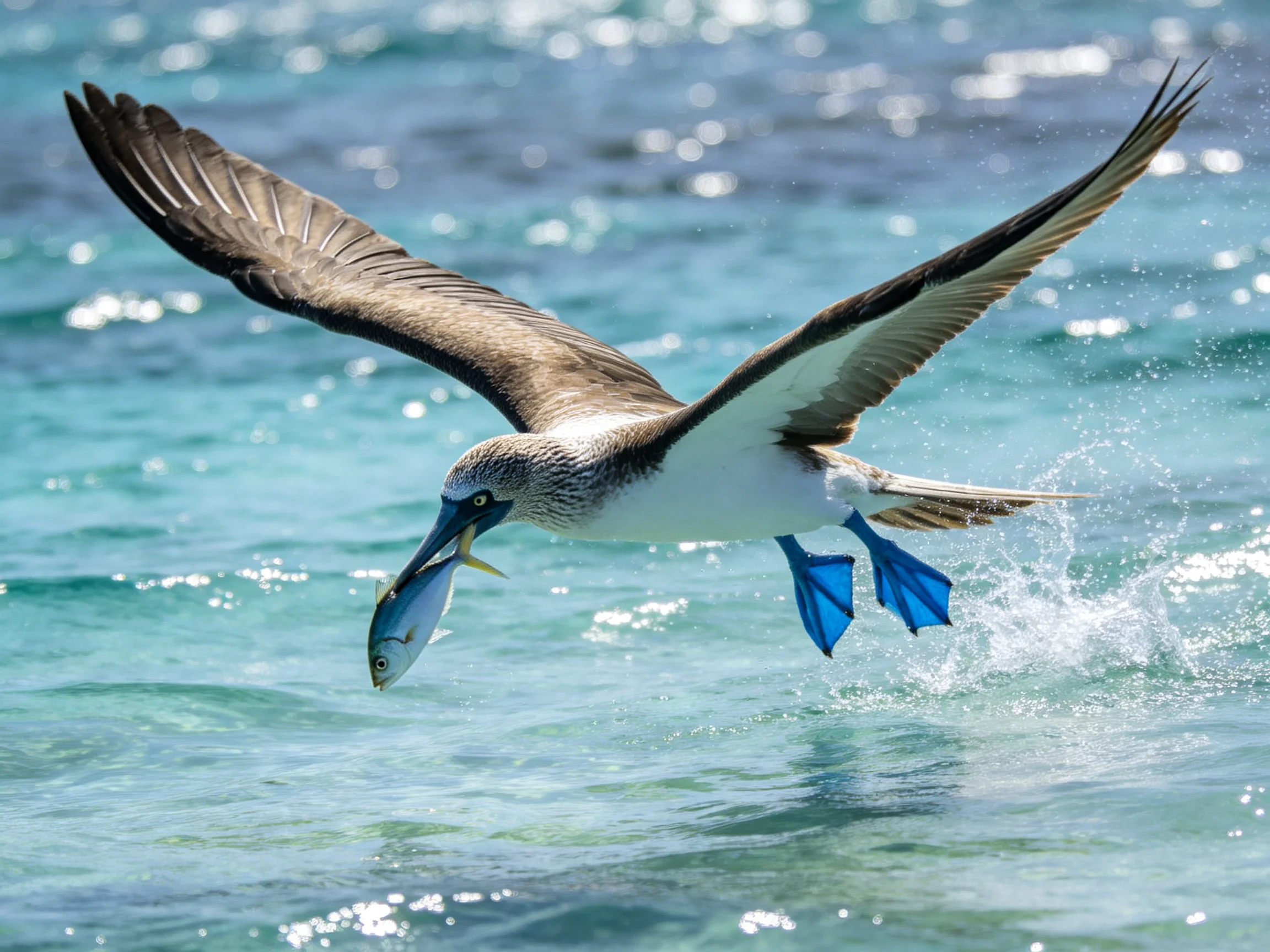 A blue-footed seabird catches a silver fish over turquoise waters