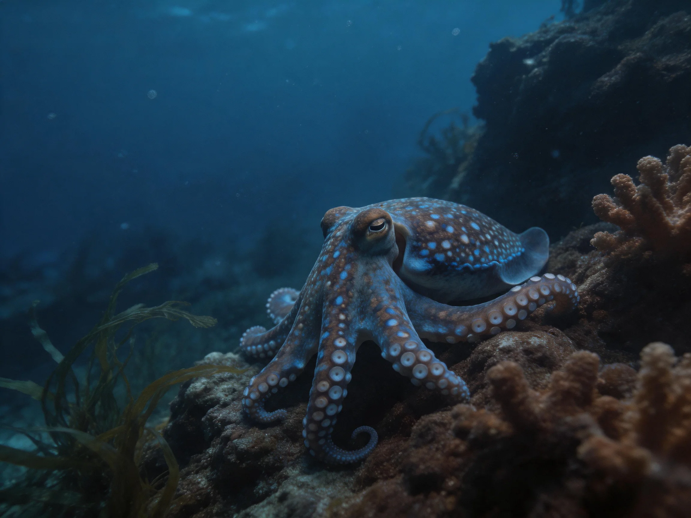 A blue-spotted octopus rests amid coral and rocky terrain in deep blue waters.