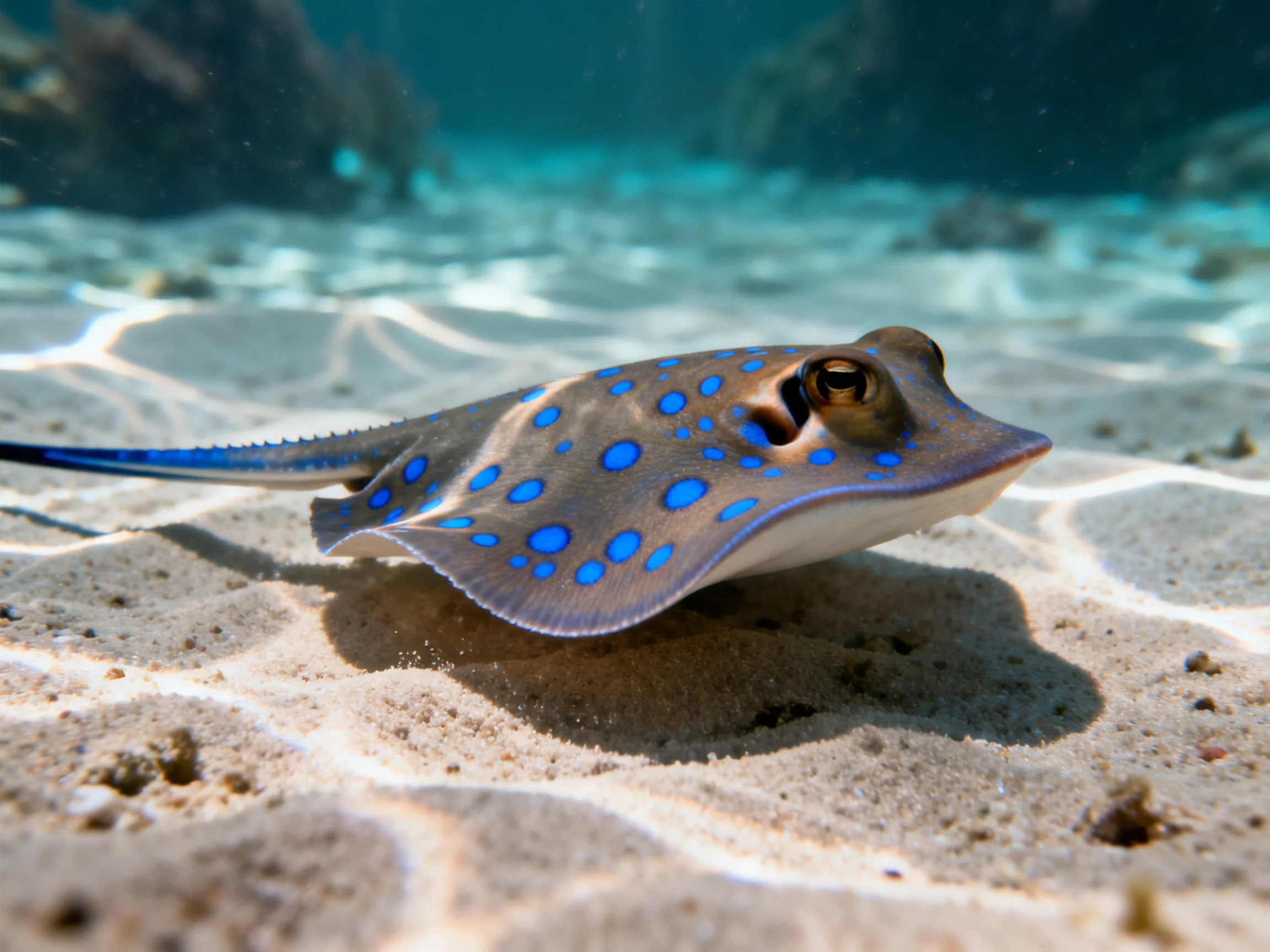A blue-spotted ray swims over a sandy ocean floor