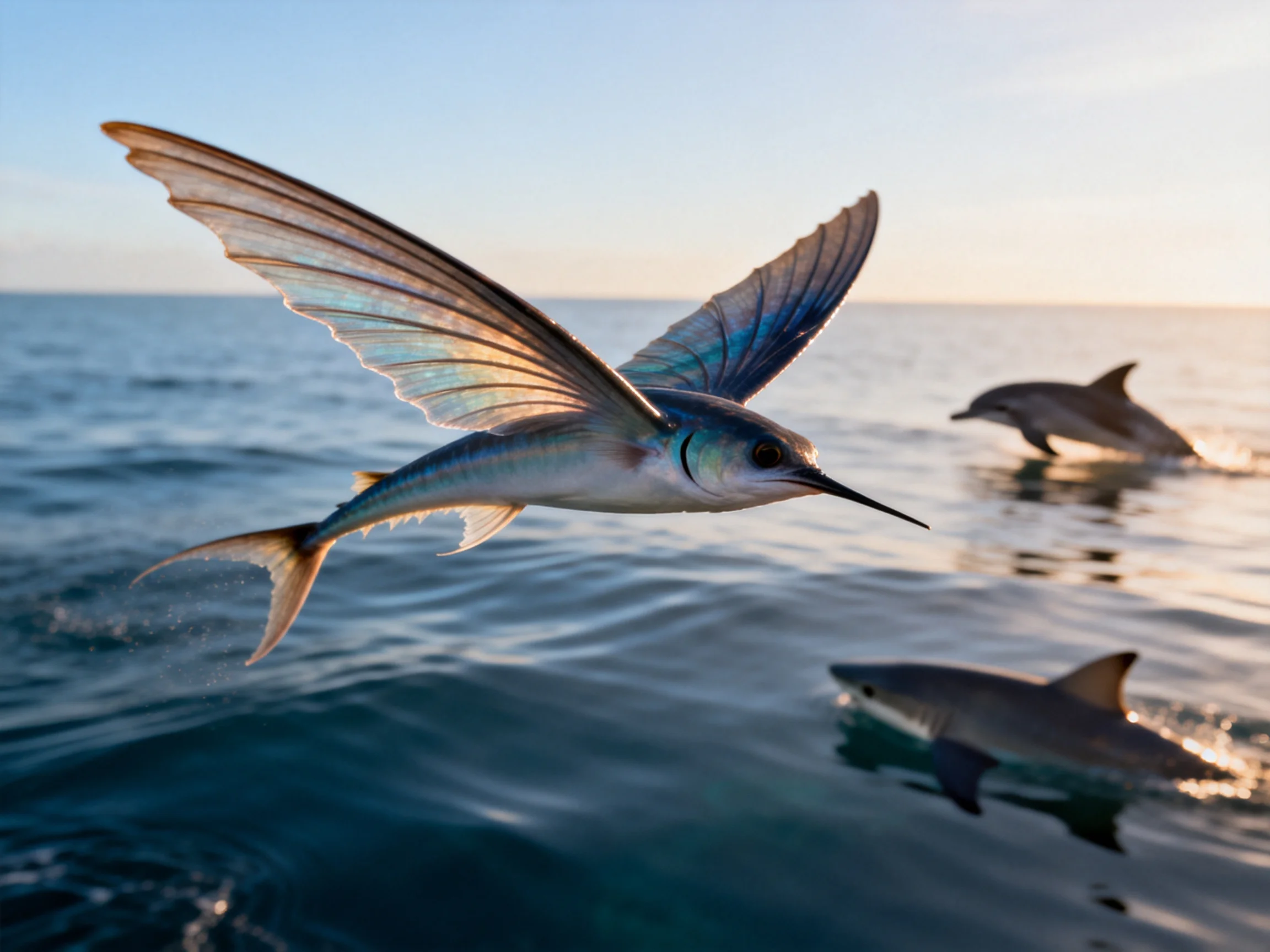 A blue-winged flying fish soars over ocean with dolphins and shark