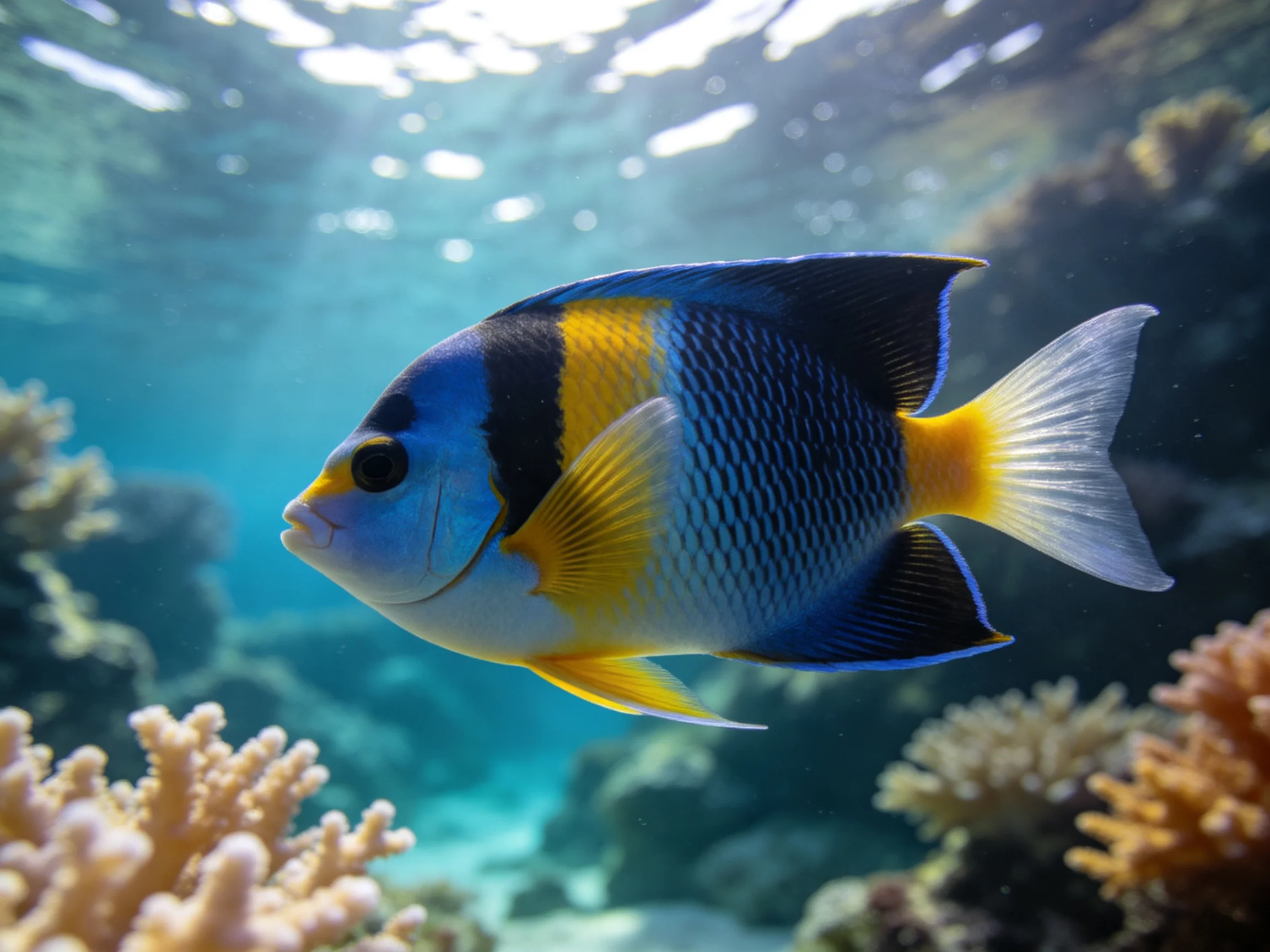 A blue, yellow, and black tropical fish swims among coral reefs