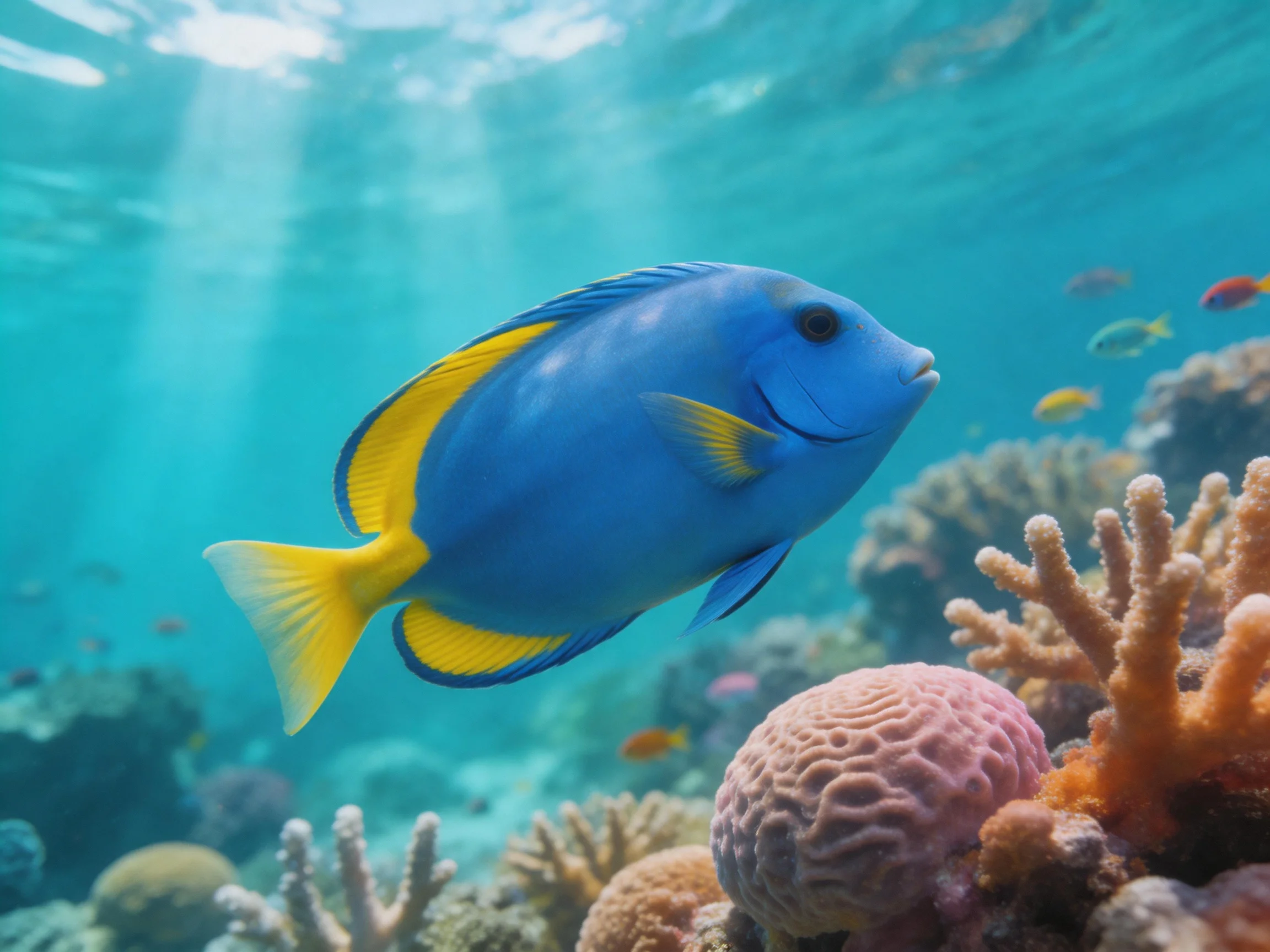 A bright blue fish with yellow fins swims among colorful corals in clear turquoise water.