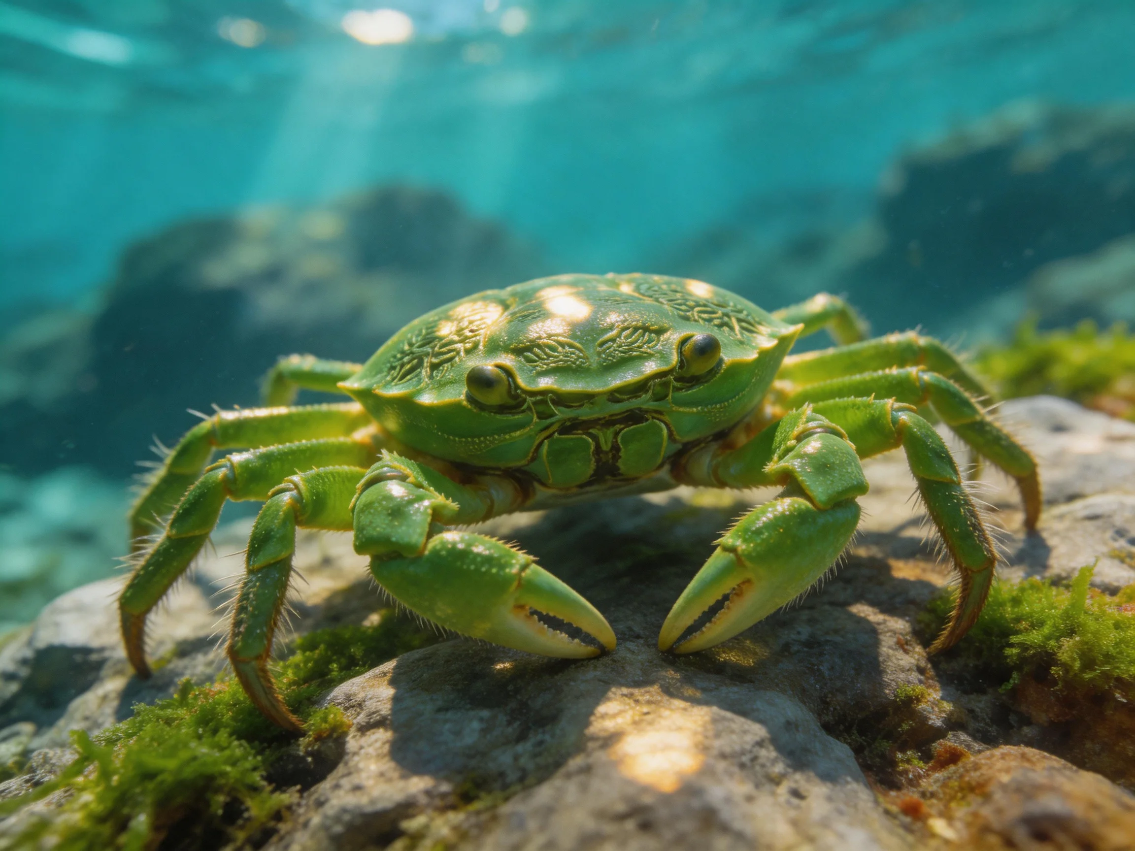 A bright green crab rests on a mossy rock in turquoise water