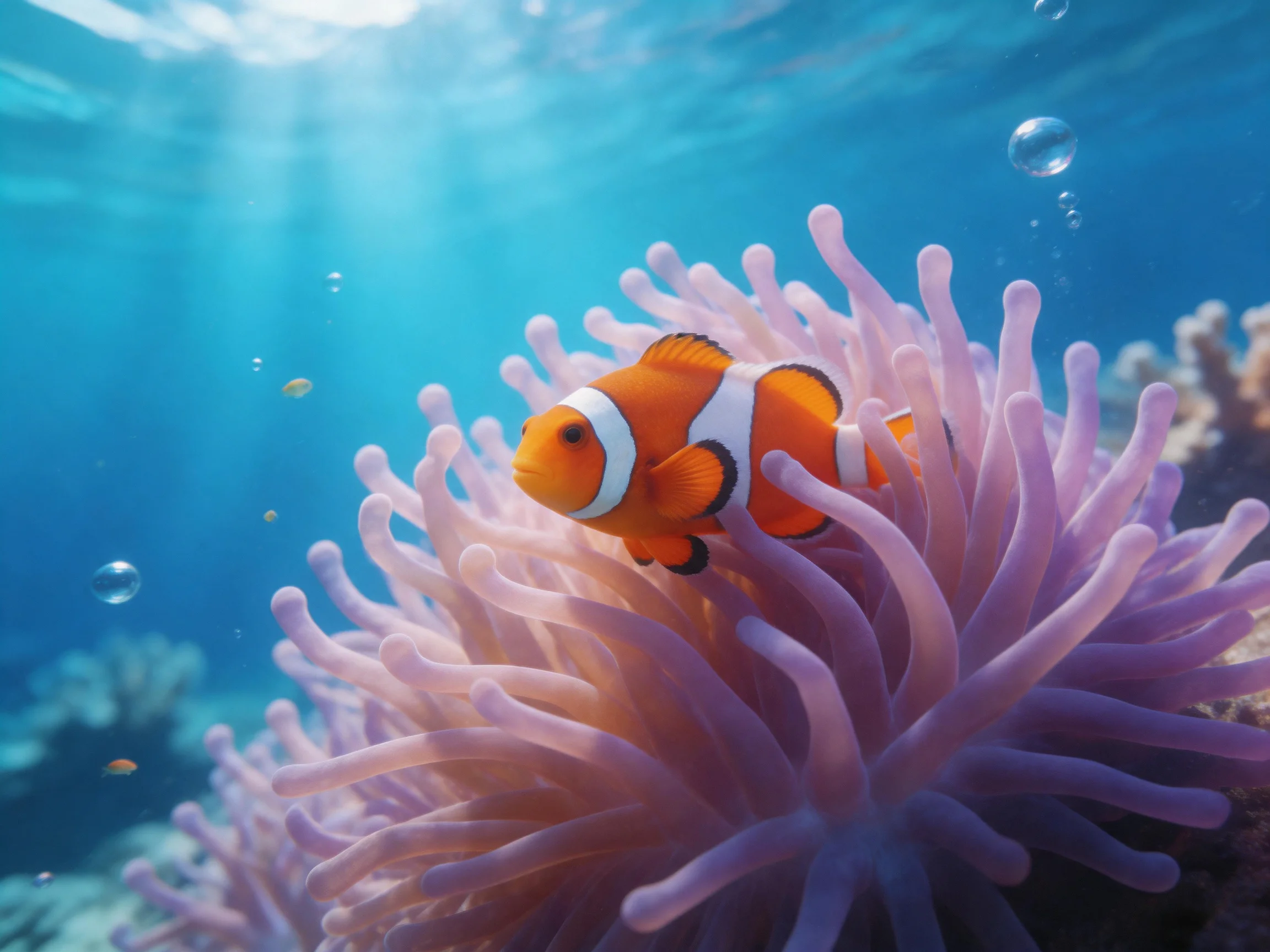 A bright orange clownfish near purple sea anemones in clear blue water
