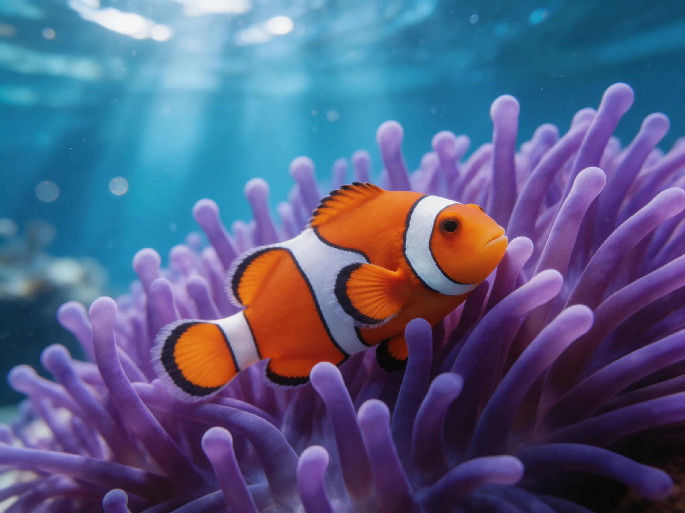 A bright orange clownfish swims among vibrant purple sea anemones