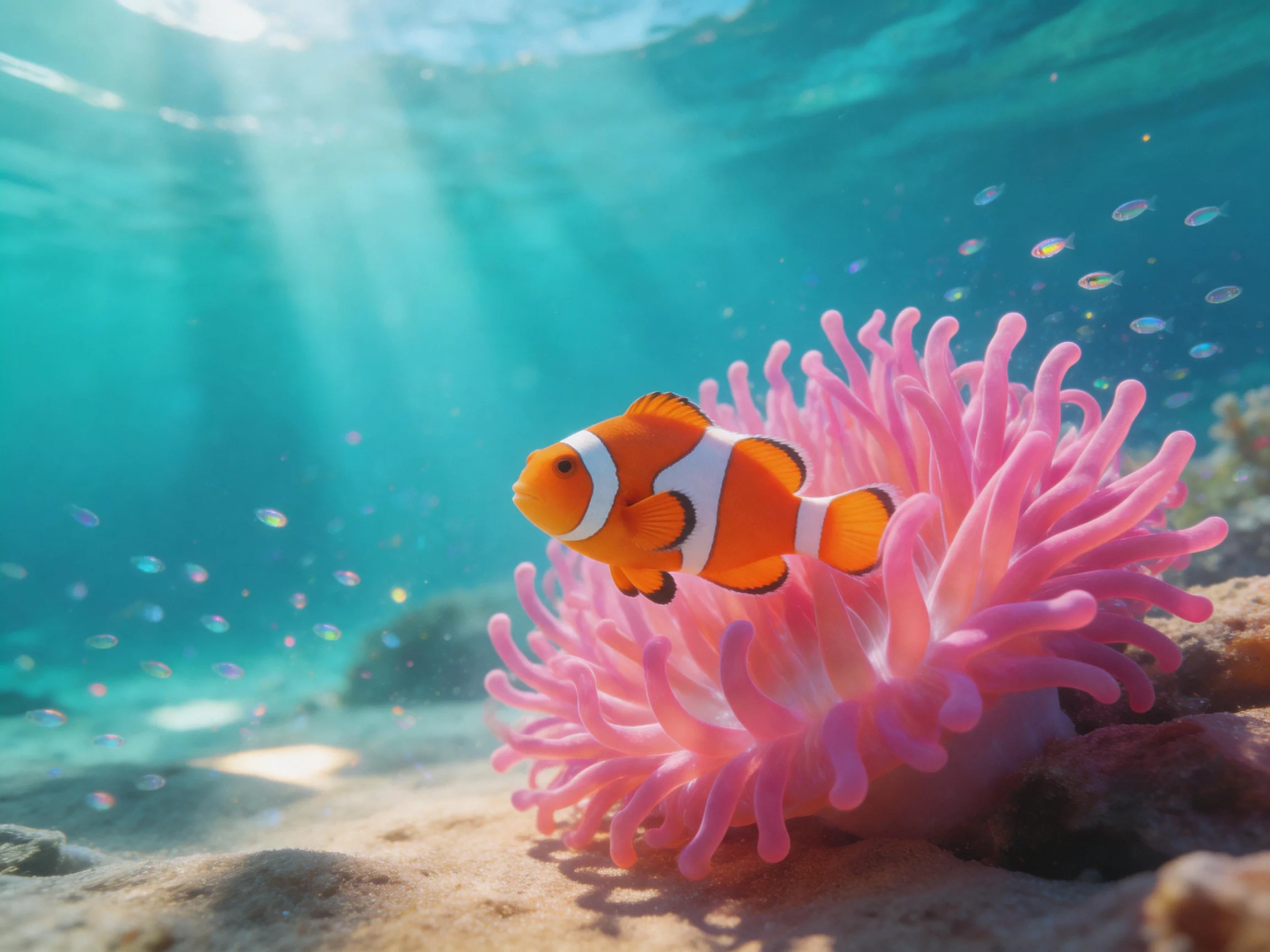 A bright orange clownfish swims near a large pink sea anemone