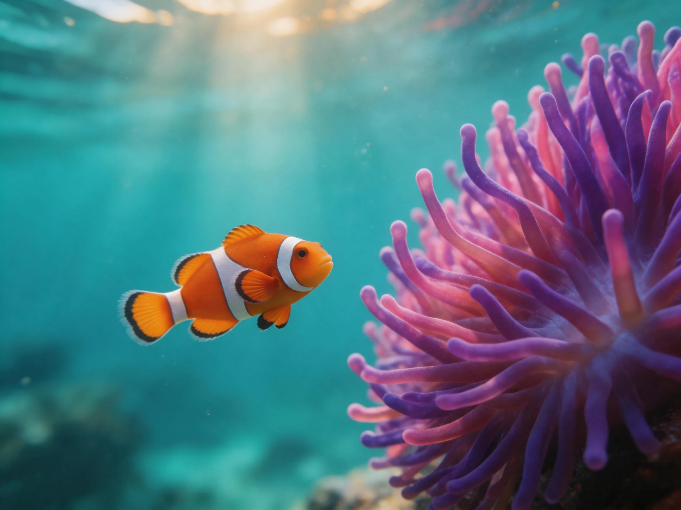 A bright orange clownfish swims near a vibrant purple-pink sea anemone