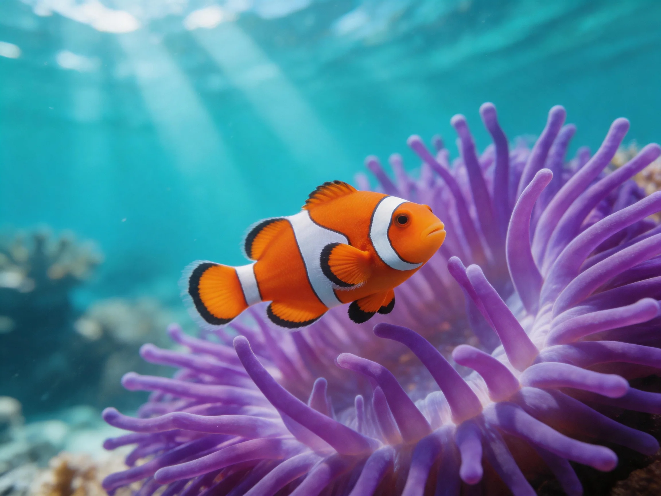 A bright orange clownfish swims near vibrant purple sea anemones