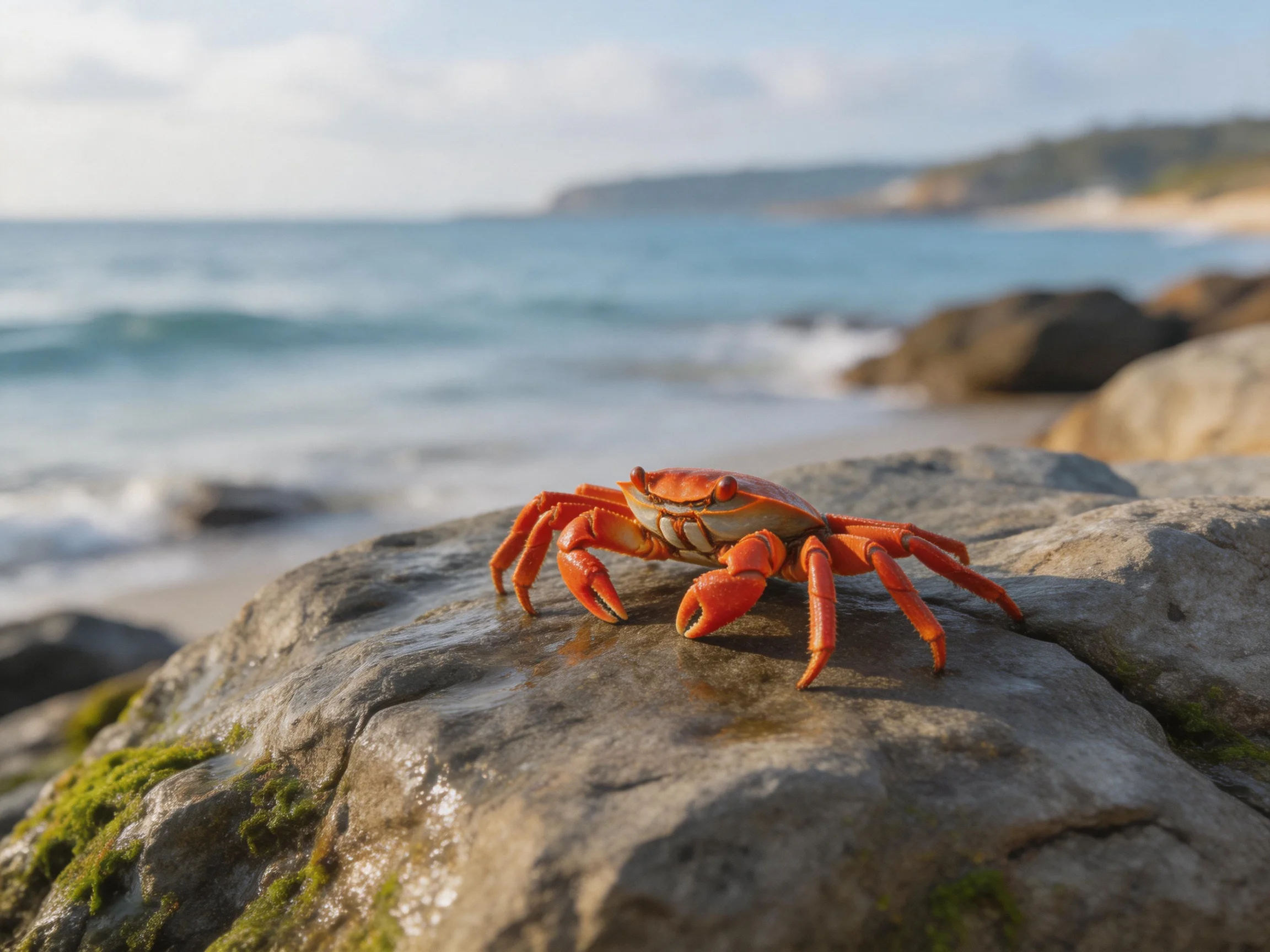 A bright orange crab rests on a moss - covered coastal rock by the ocean