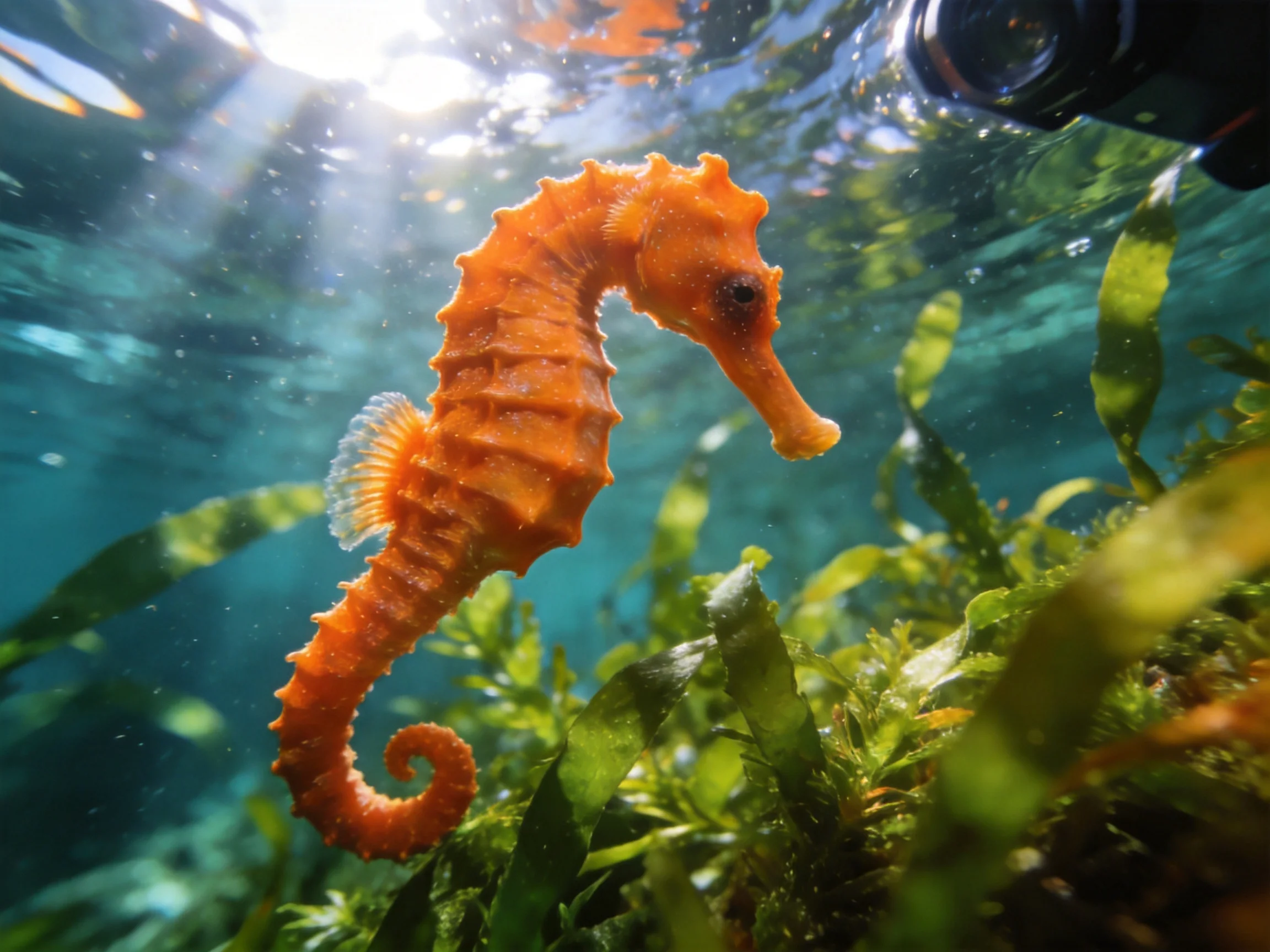 A bright orange seahorse swims near lush green seaweed in sun-dappled water