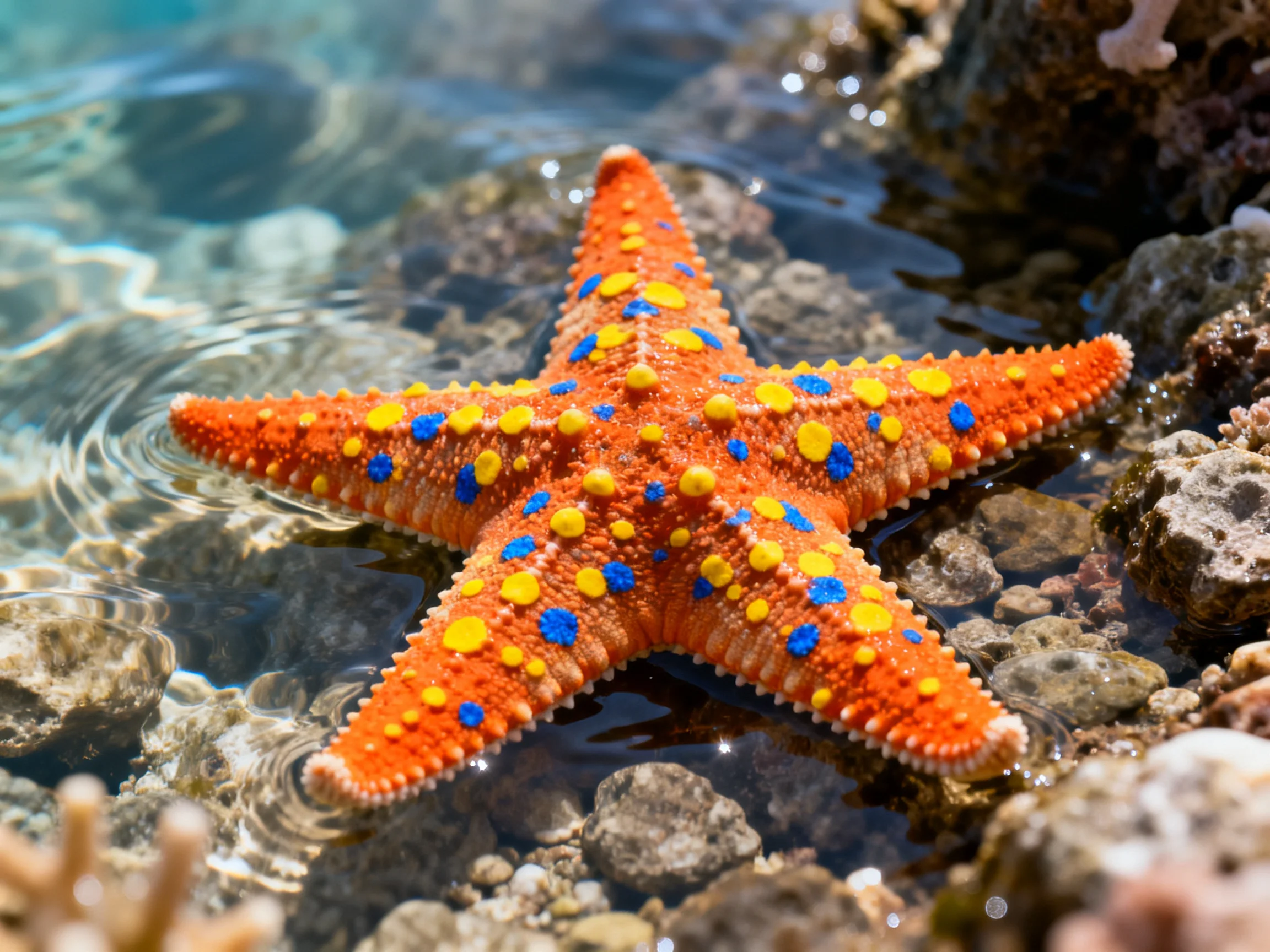 A bright orange starfish with blue and yellow spots near rocky shores