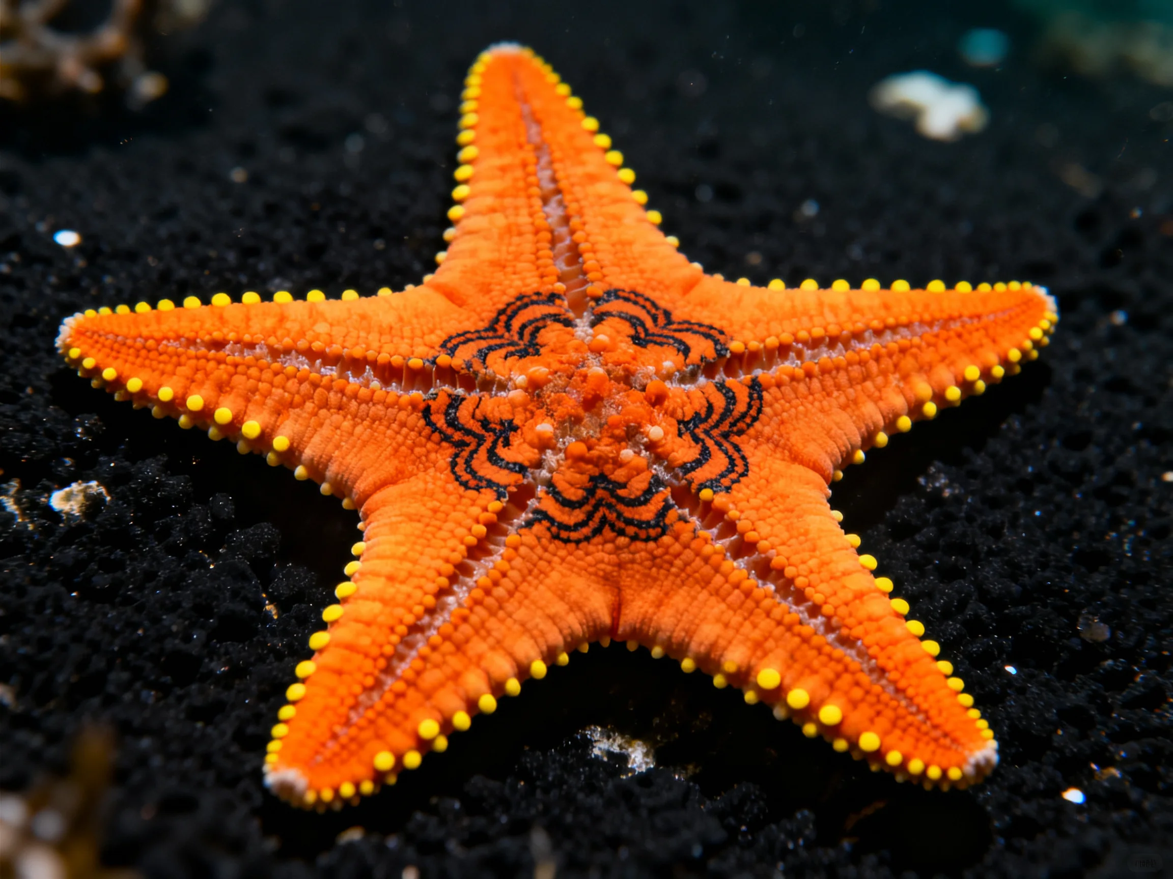 A bright orange starfish with yellow-tipped arms on dark sand