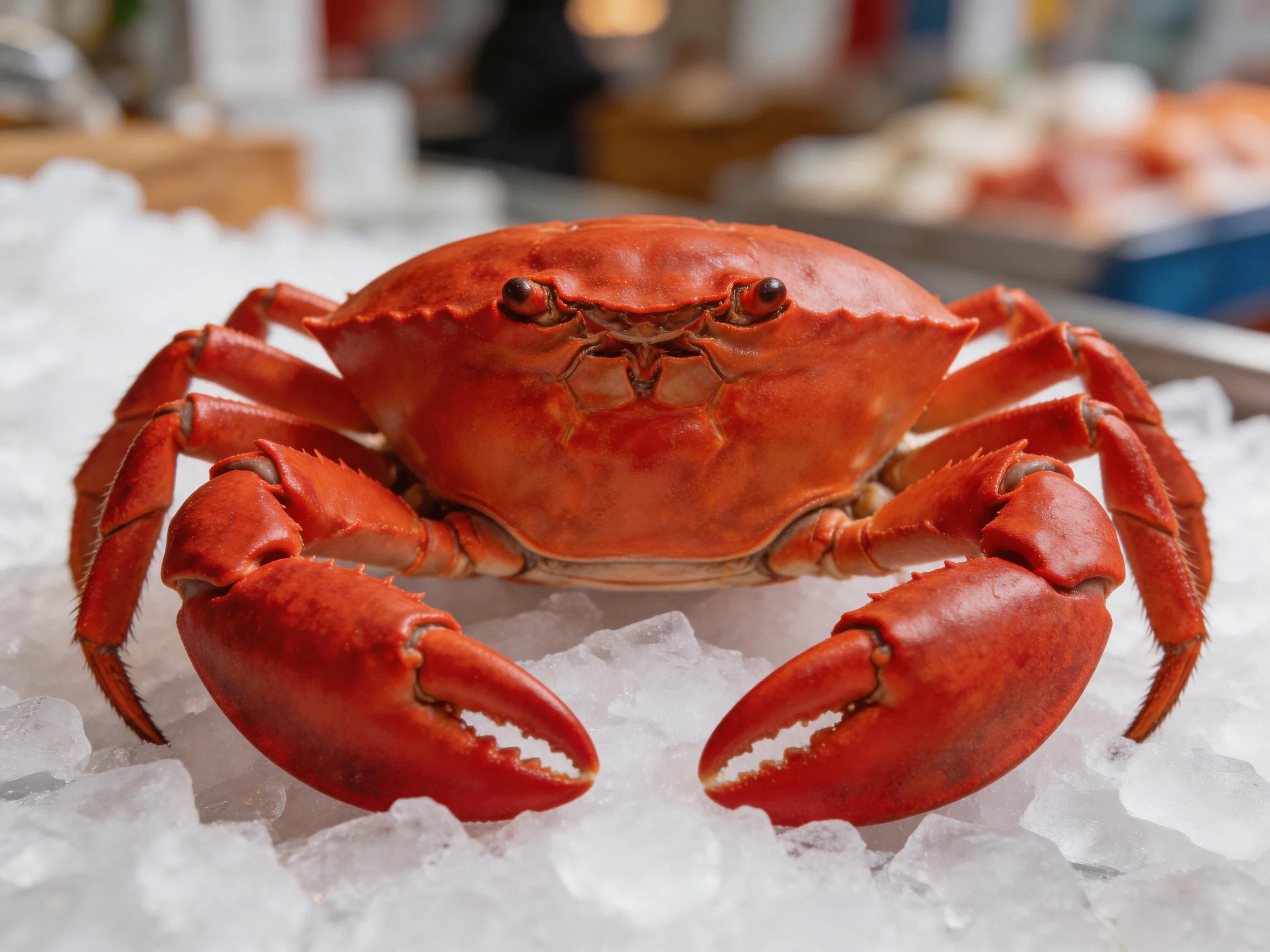 A bright red crab displayed on a bed of clear ice cubes