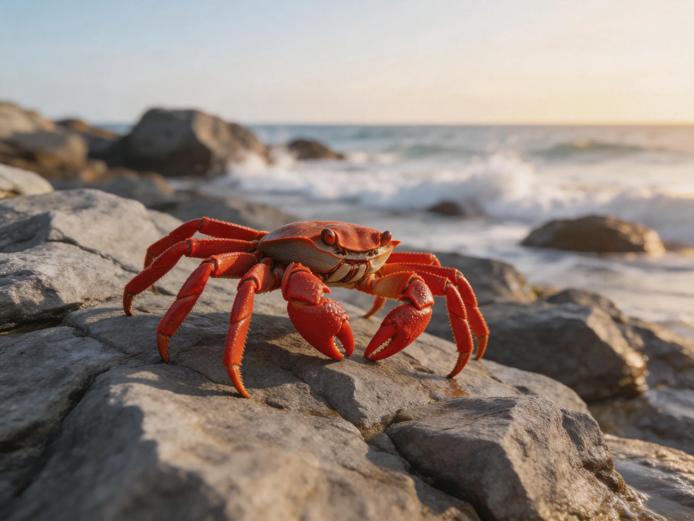 A bright red crab perches on rugged coastal rocks by crashing waves