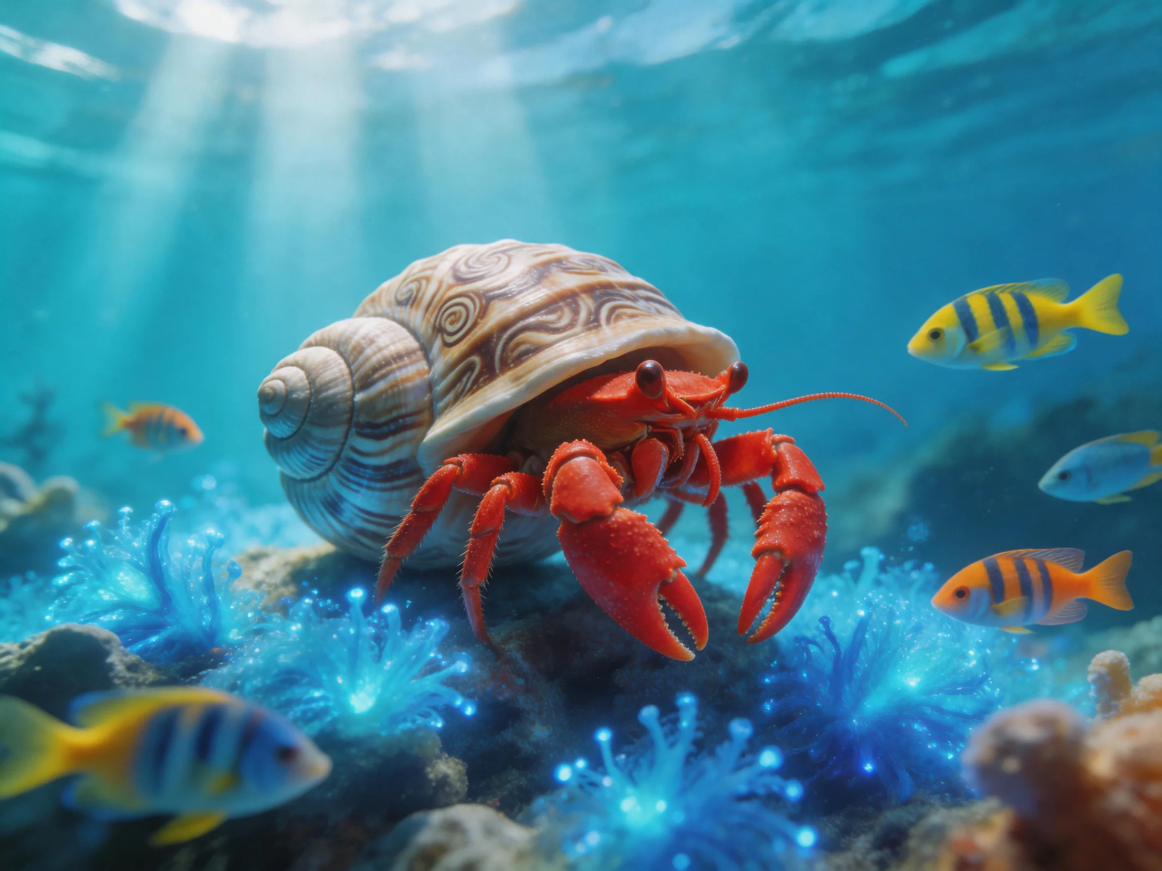 A bright red hermit crab with a patterned shell among colorful fish and glowing corals