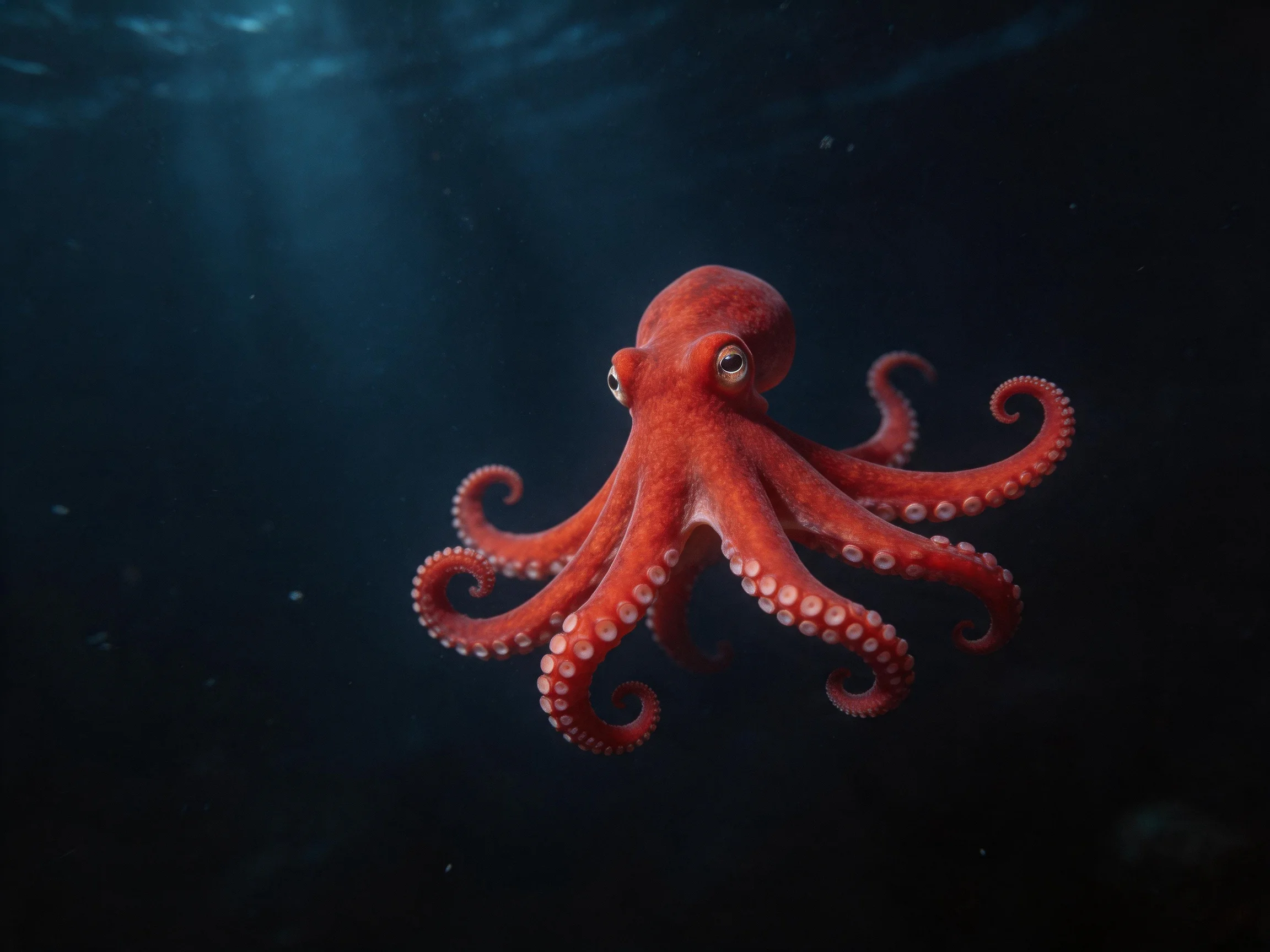 A bright red octopus swims in deep blue underwater surroundings