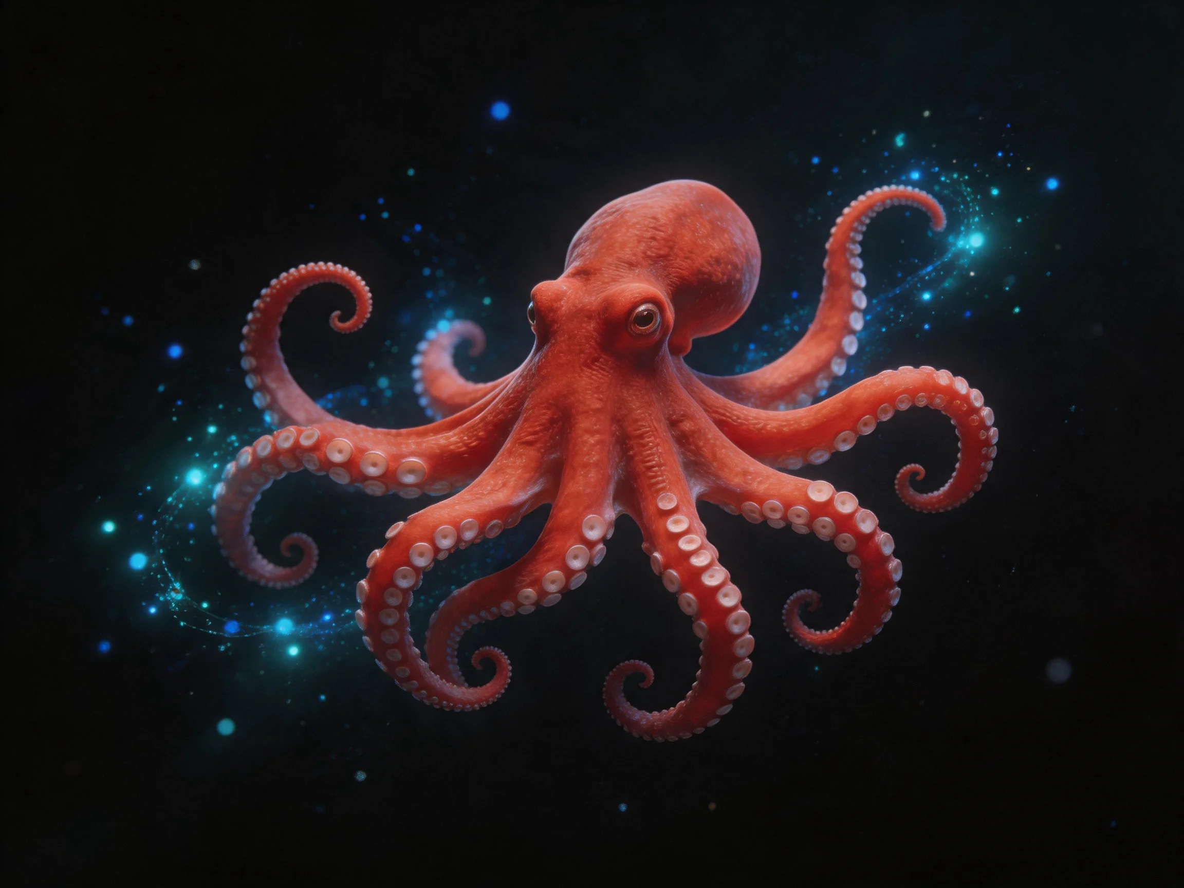 A bright red octopus with eight tentacles against a starry black backdrop