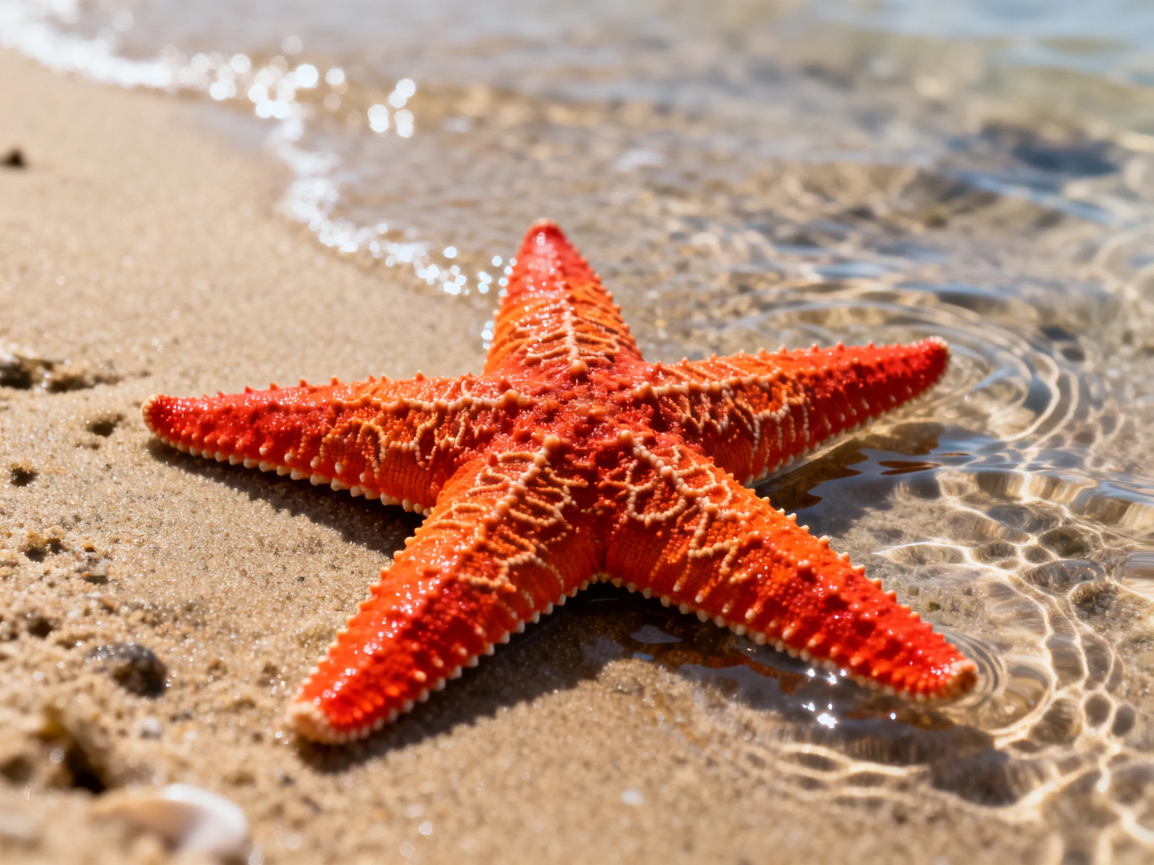 A bright red-orange starfish rests on wet sand near the shoreline