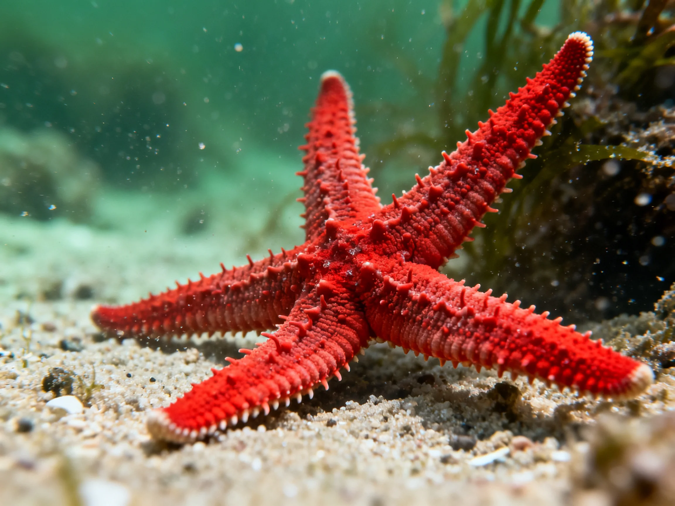 A bright red sea star rests on sandy ocean floor near seaweed
