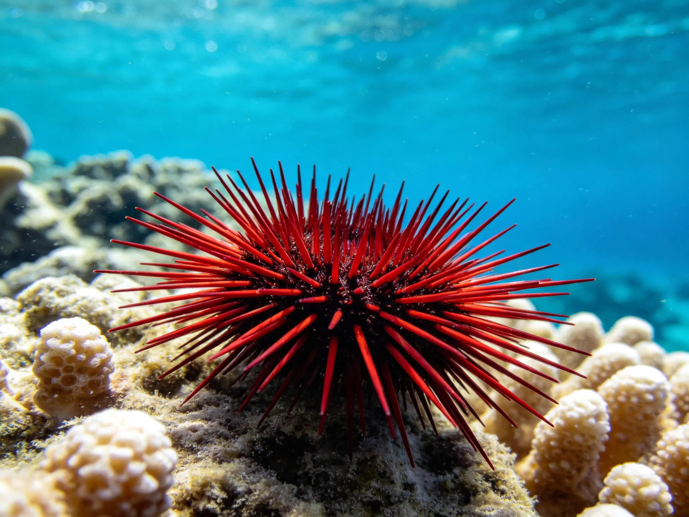 A bright red sea urchin among coral formations in clear blue water