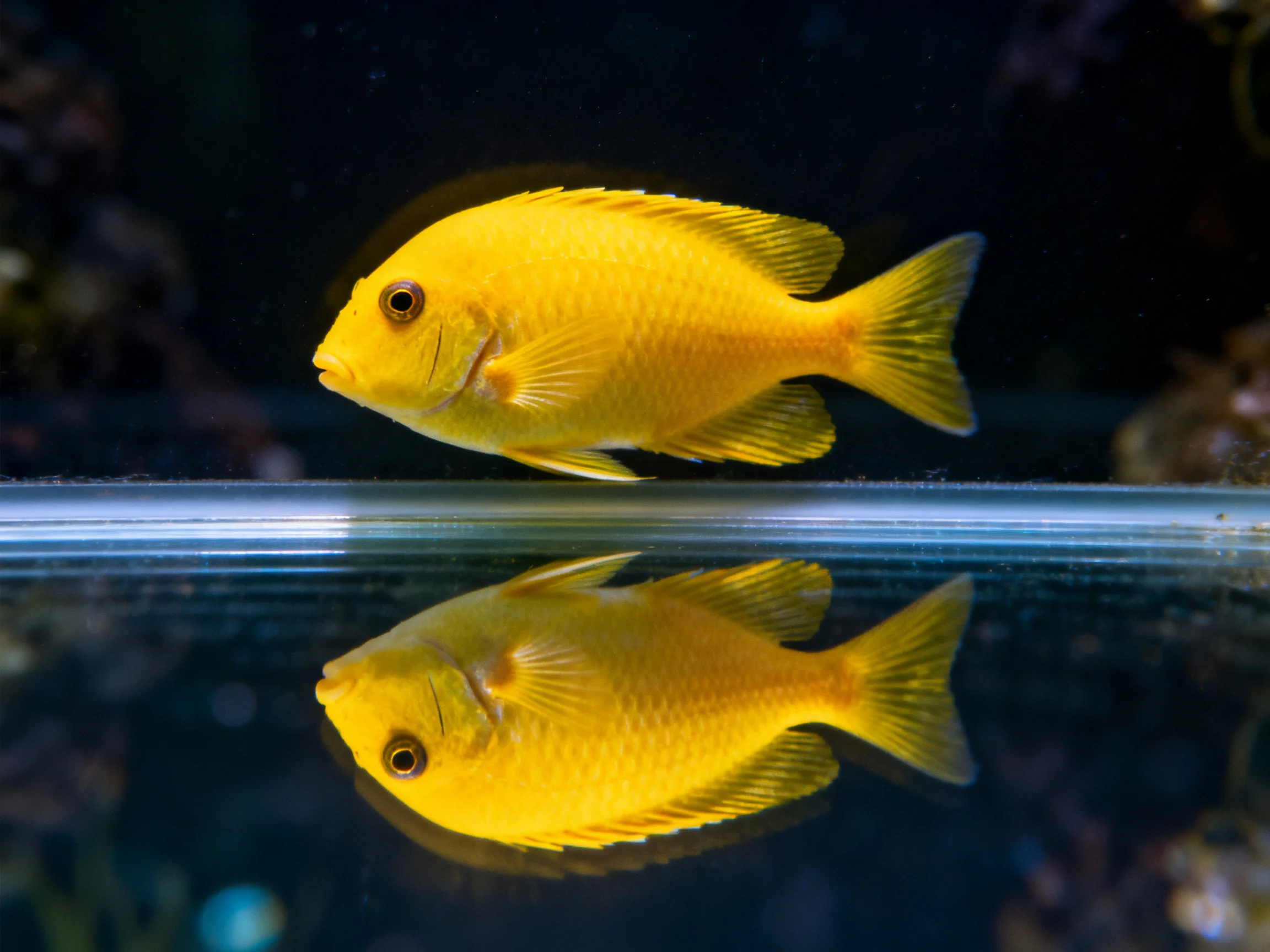 A bright yellow cichlid swims near its clear reflection