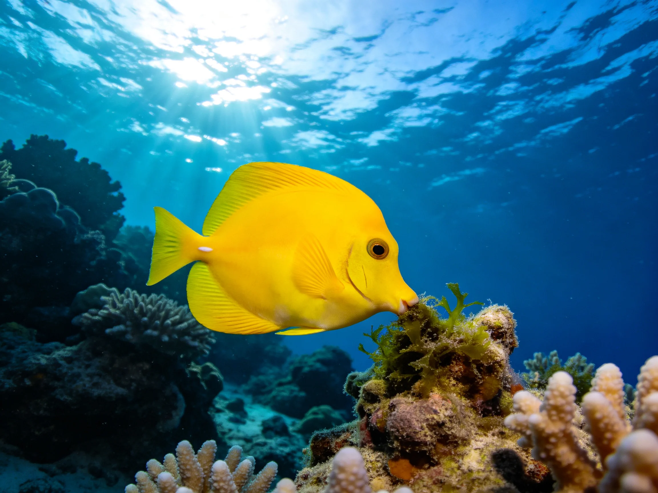 A bright yellow fish swims among colorful coral reefs in clear blue water