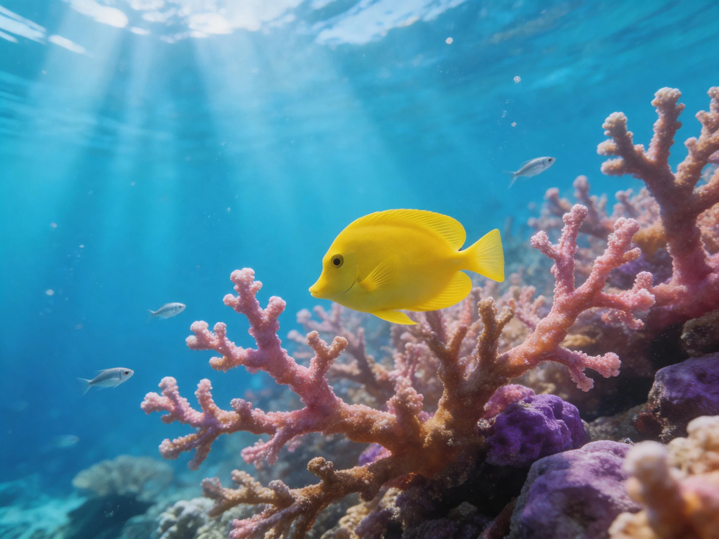 A bright yellow fish swims near colorful coral reefs underwater