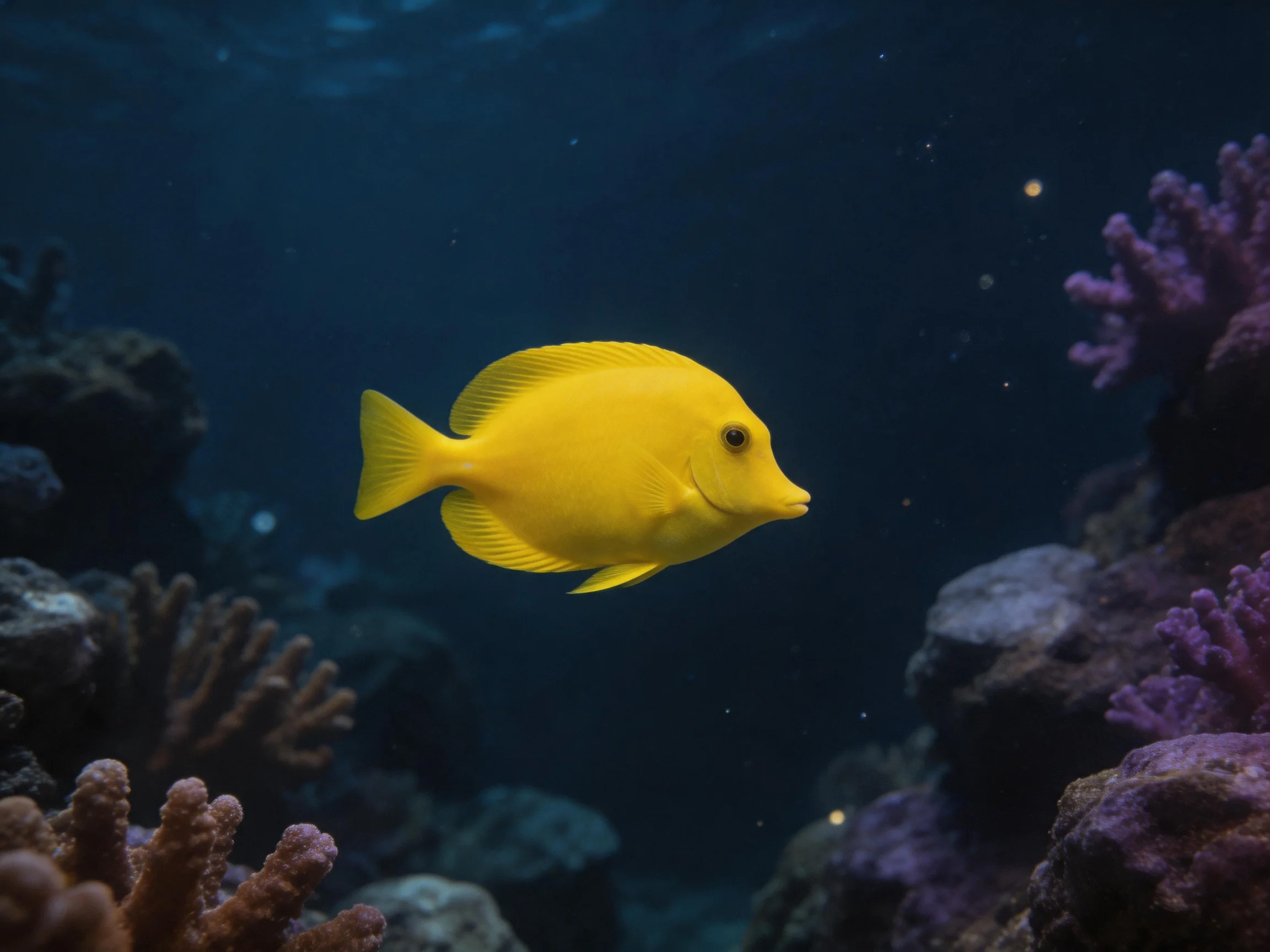 A bright yellow fish swims near purple and brown corals