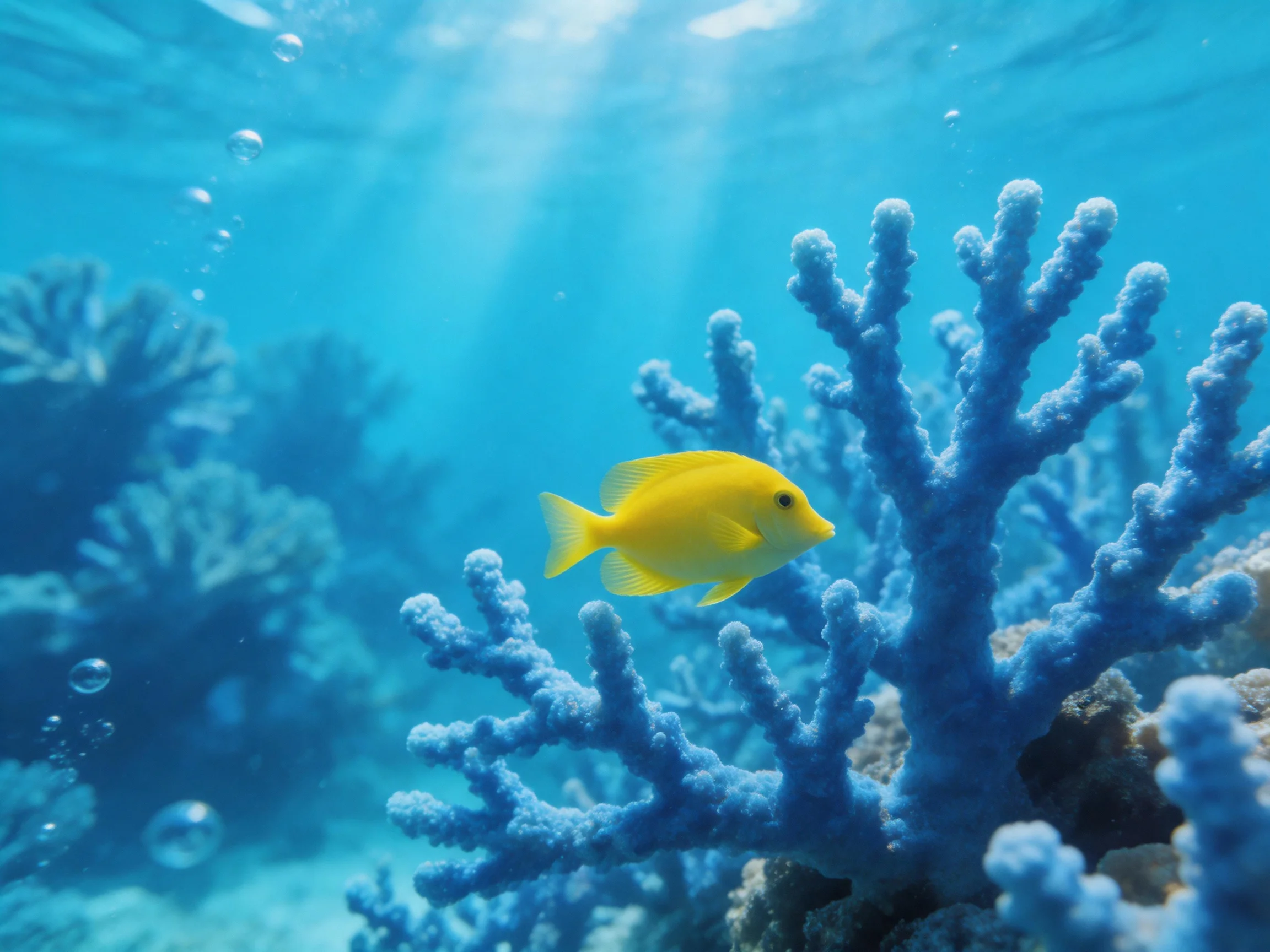 A bright yellow fish swims near vibrant blue coral formations