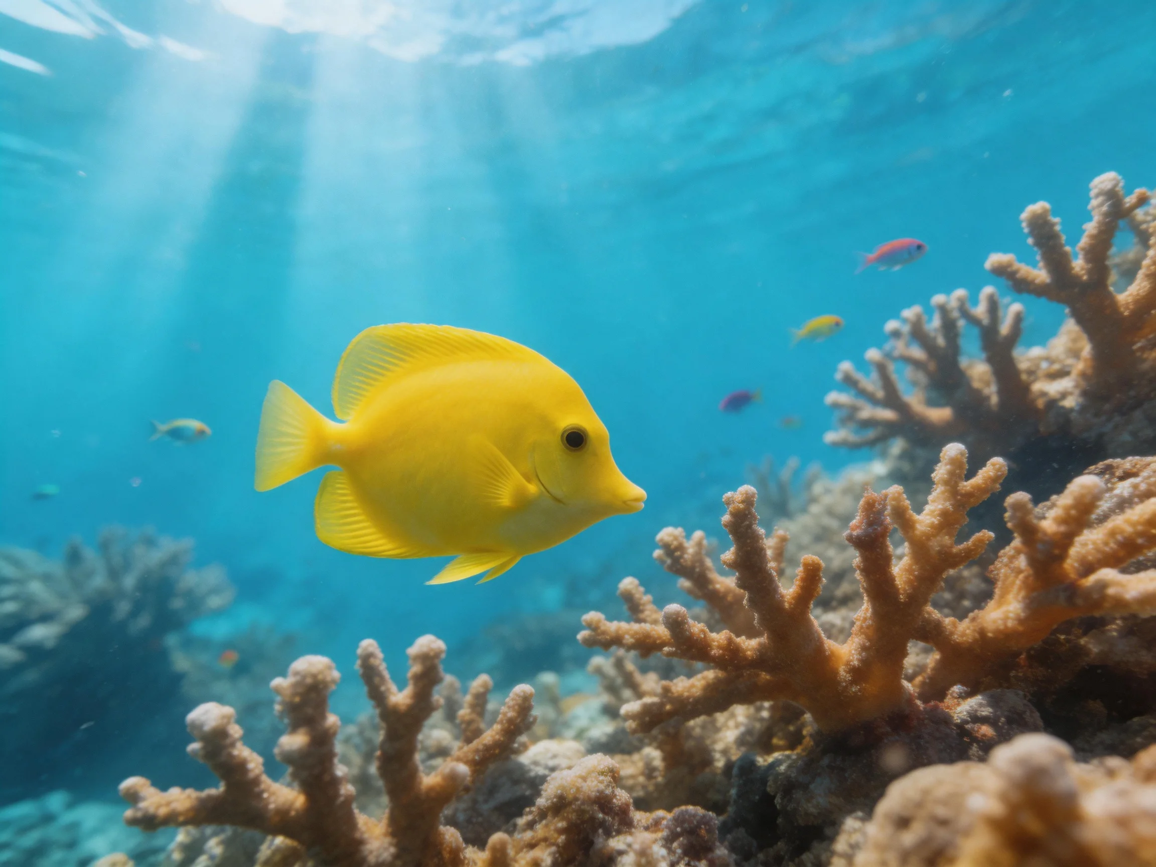 A bright yellow fish swims near vibrant coral reefs underwater