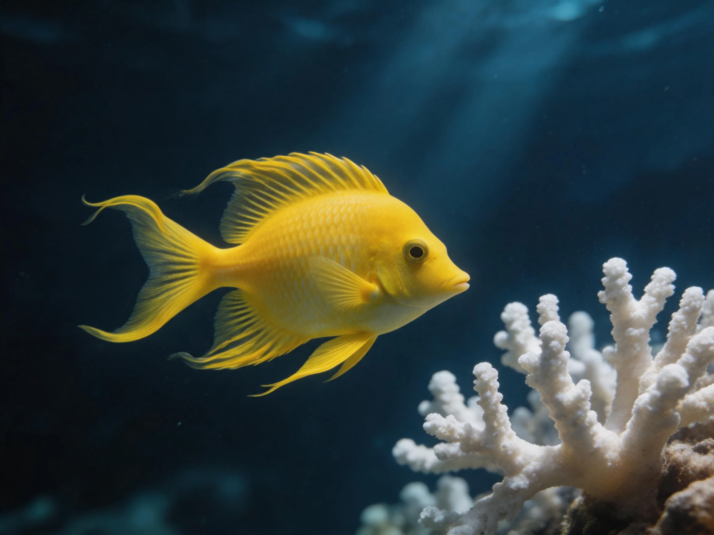 A bright yellow fish swims near white coral in deep blue water