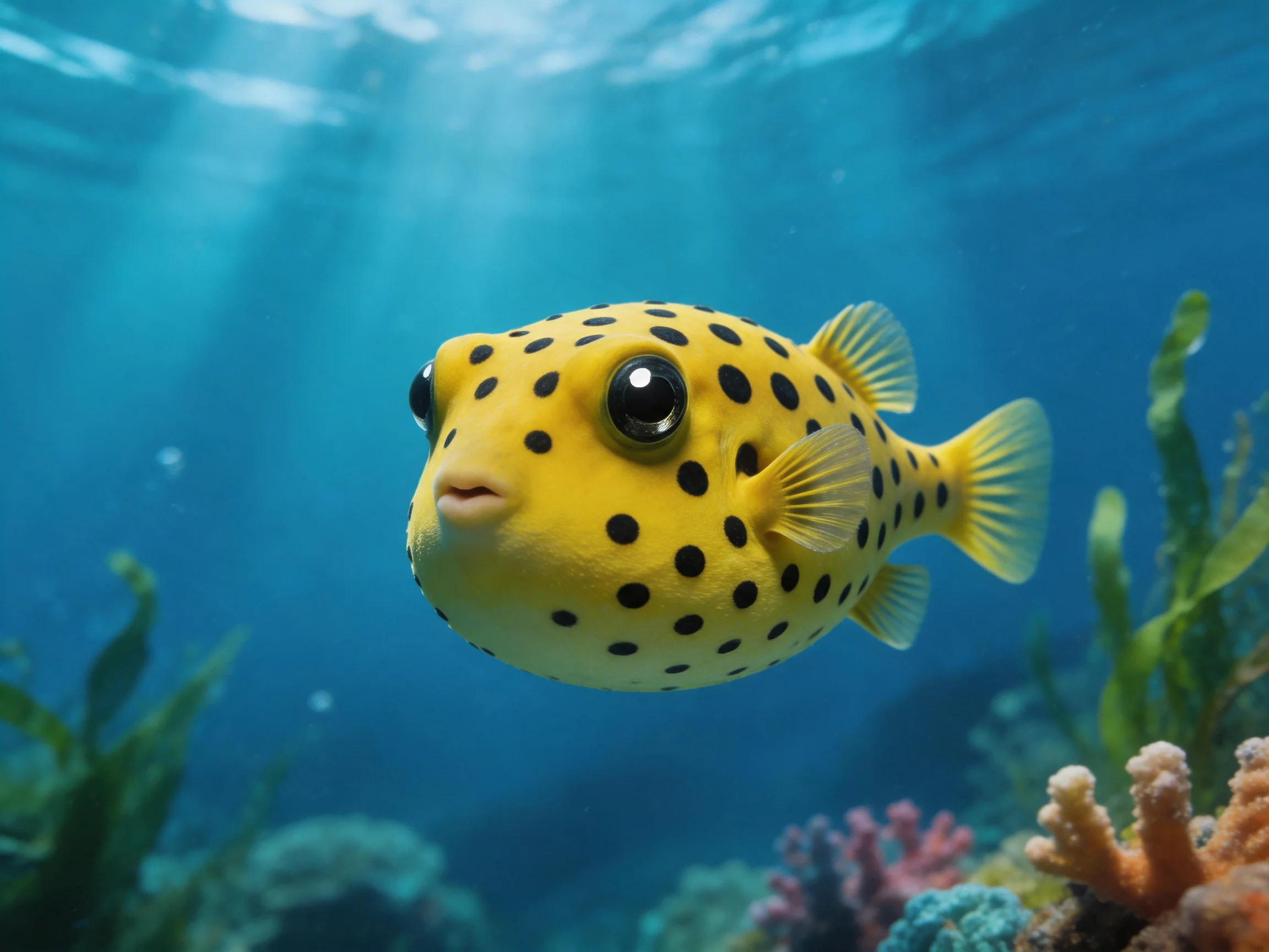 A bright yellow spotted pufferfish swims near coral reefs