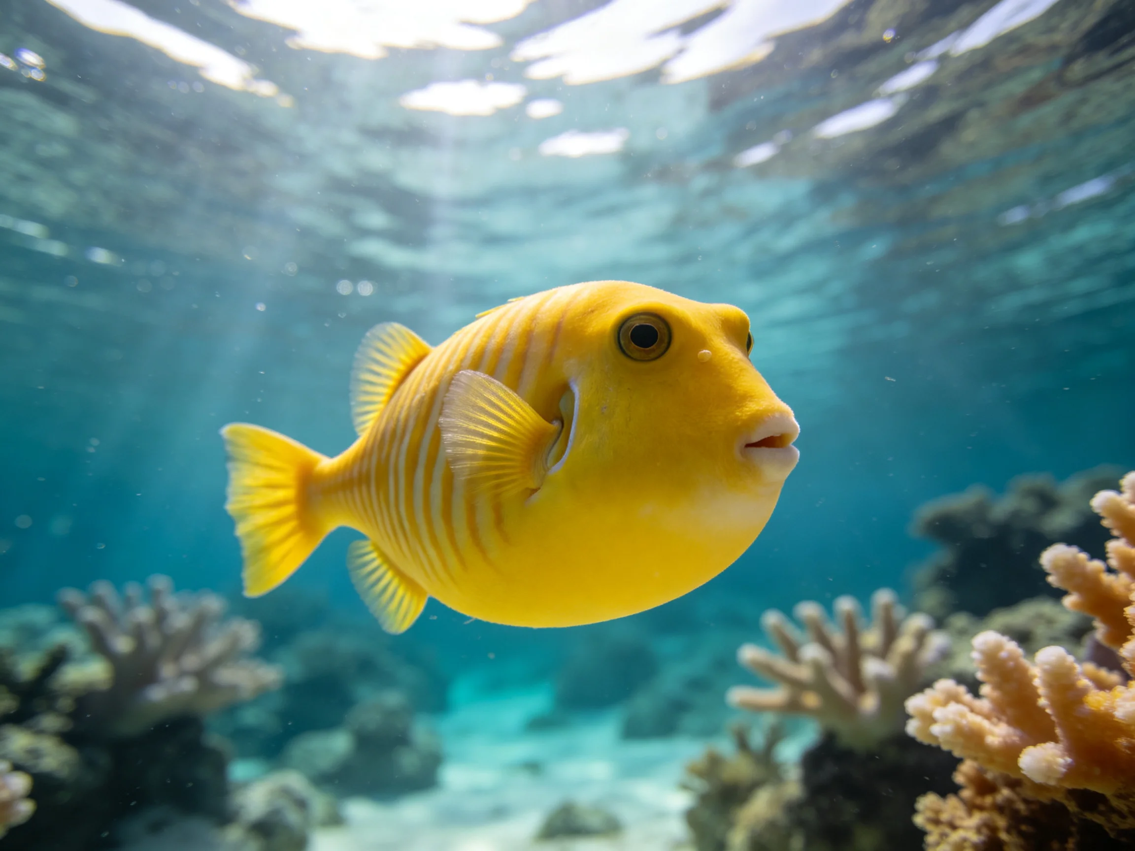 A bright yellow striped fish swims near colorful coral reefs