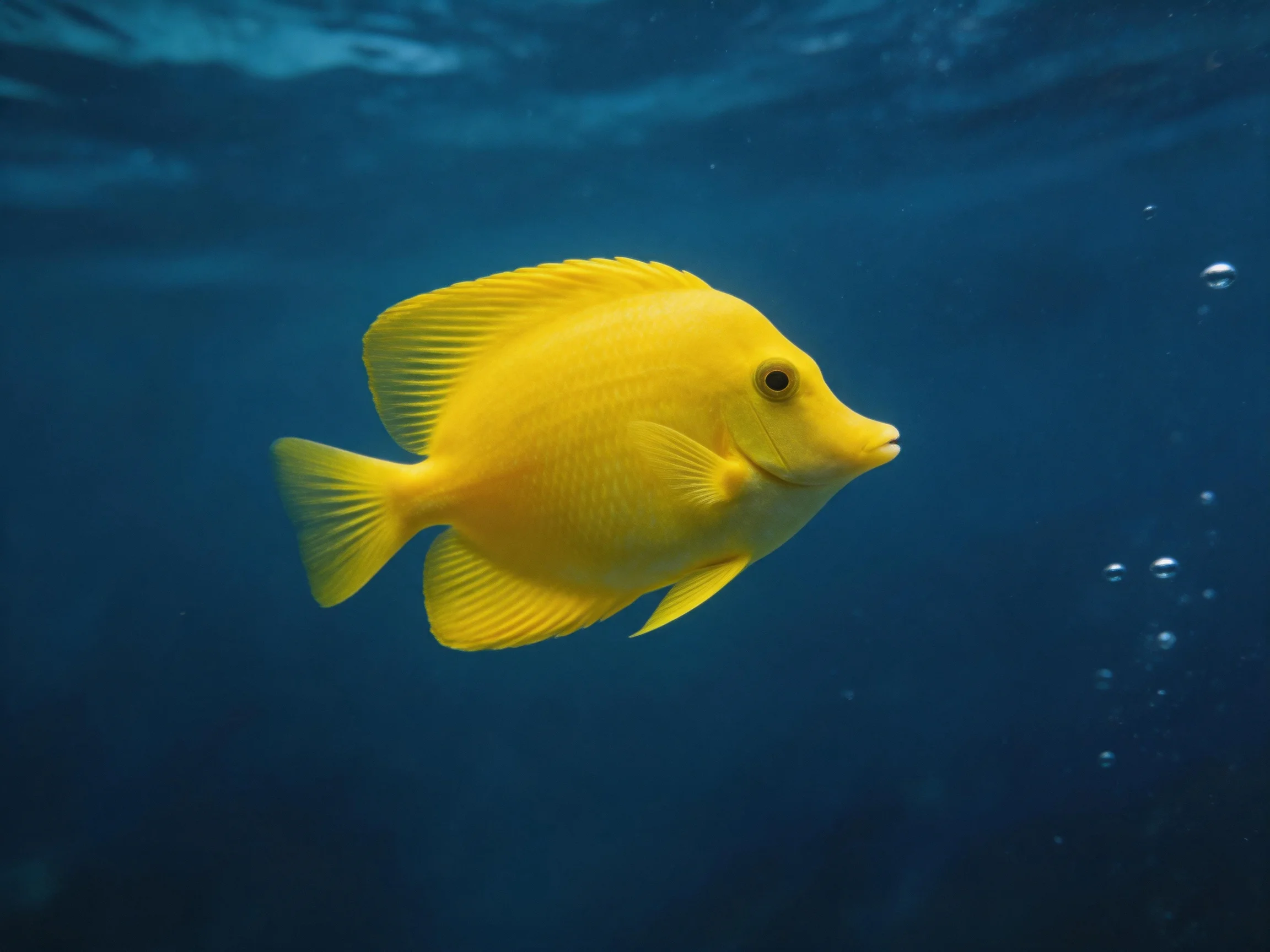 A bright yellow tropical fish swims in deep blue ocean waters