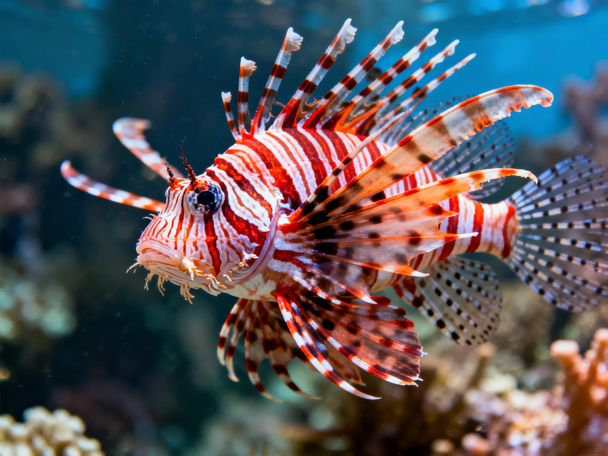 A brightly colored lionfish with red and white stripes swimming near coral