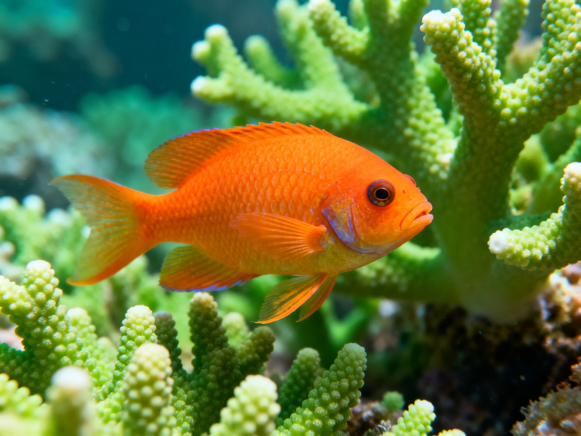 A brightly colored orange fish swims among lush green coral formations