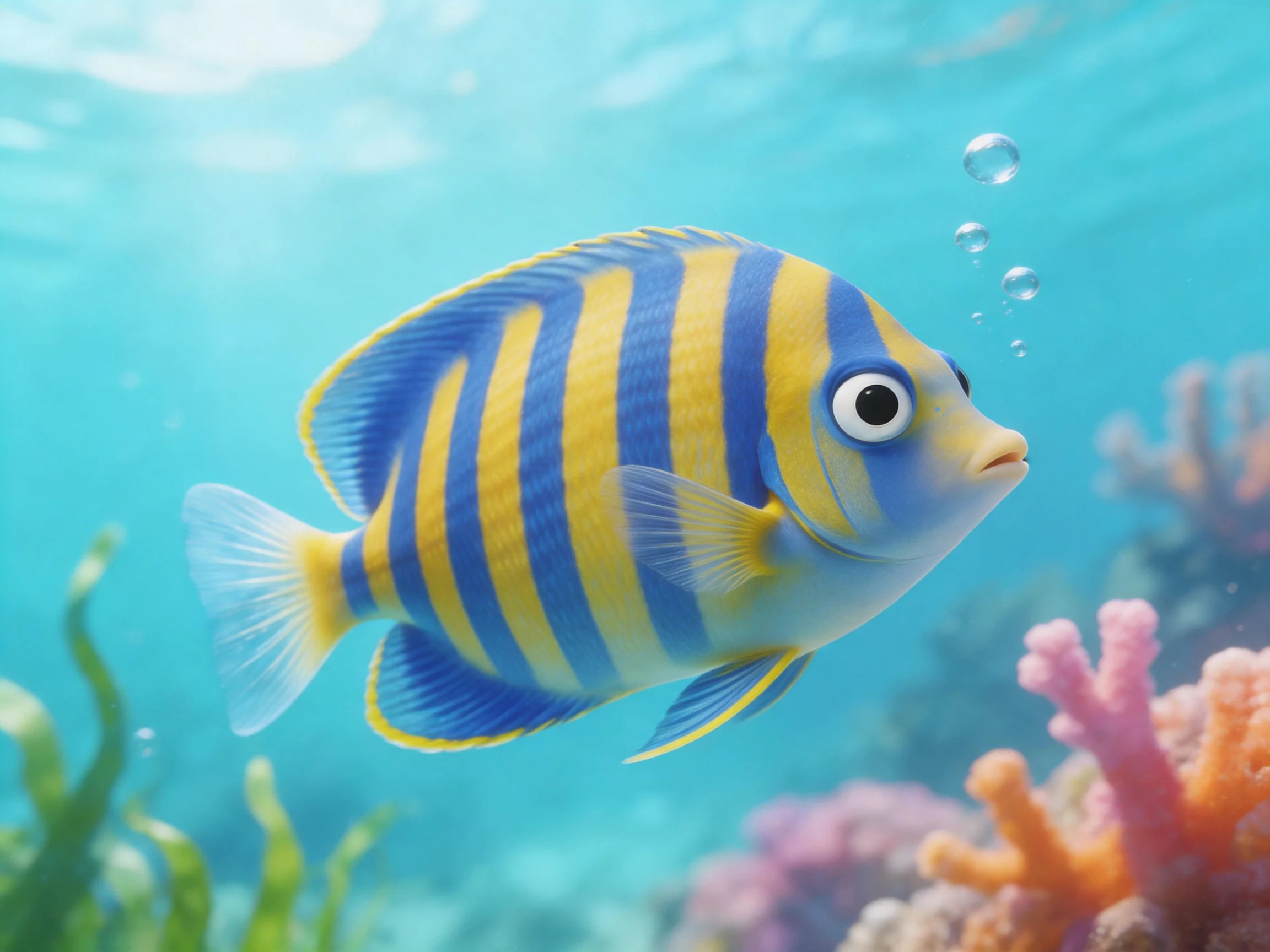 A brightly striped blue and yellow tropical fish swimming near coral reefs
