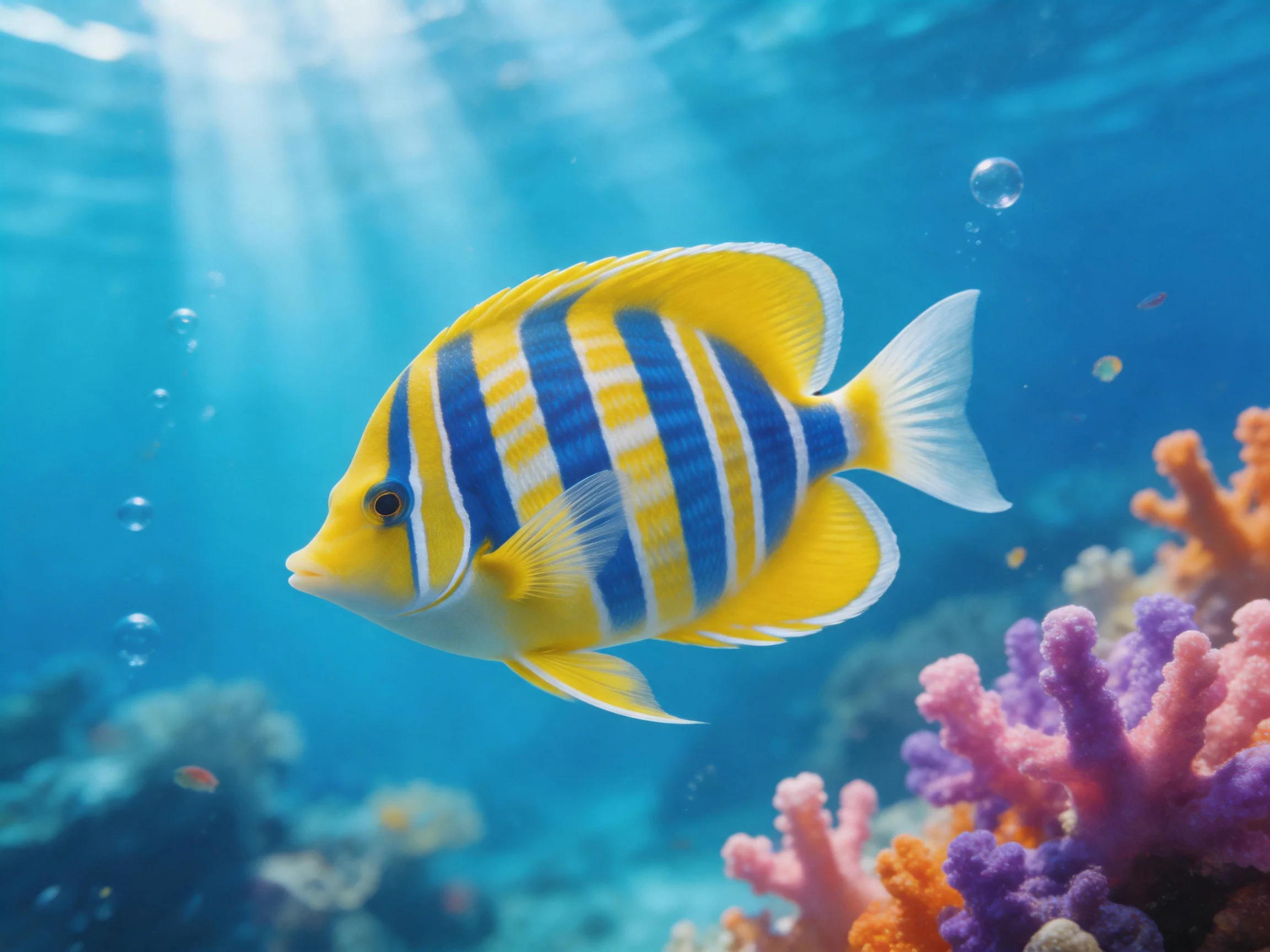 A brightly striped fish swims near colorful coral reefs underwater