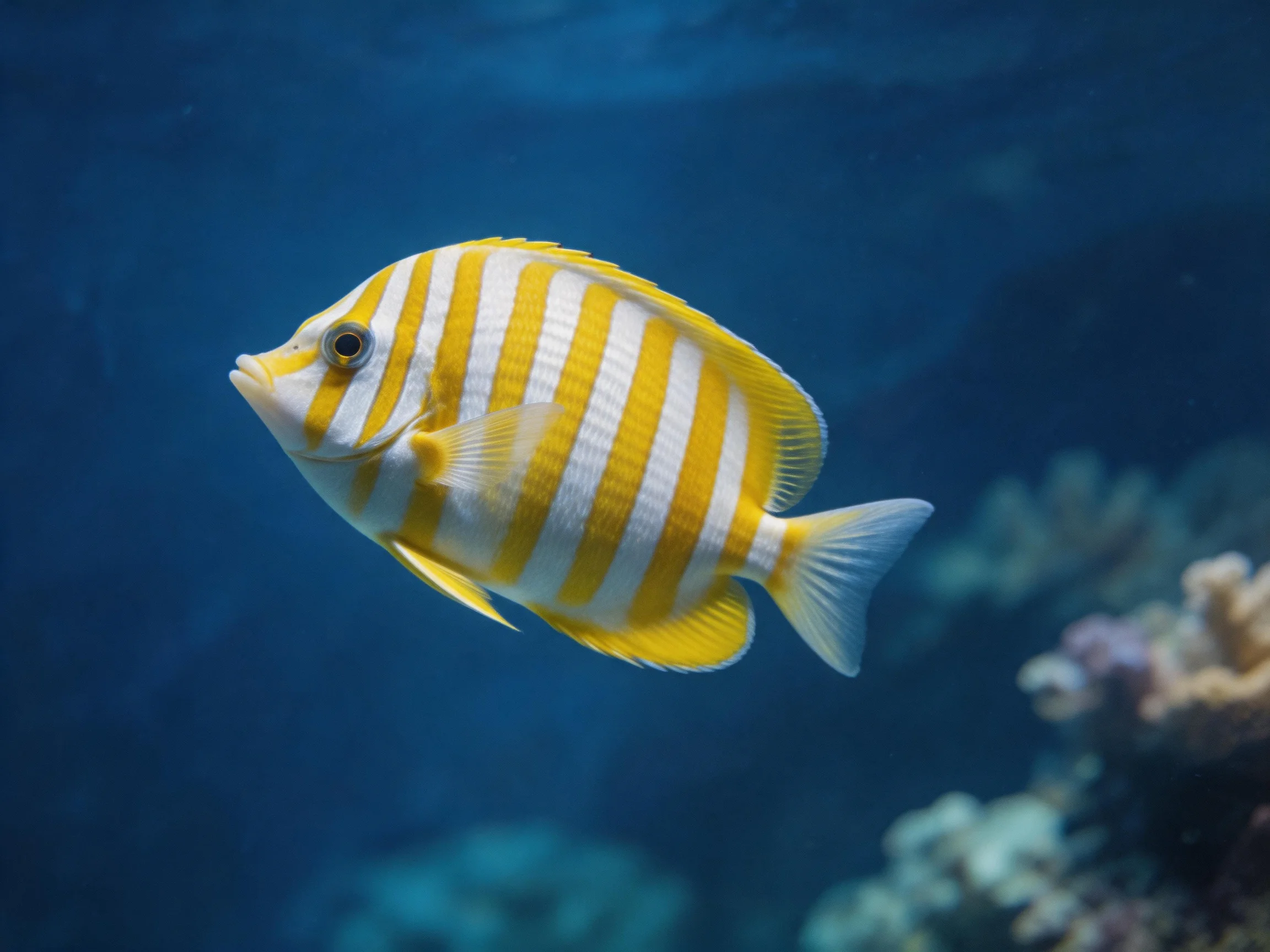 A brightly striped yellow and white fish swims near coral reefs