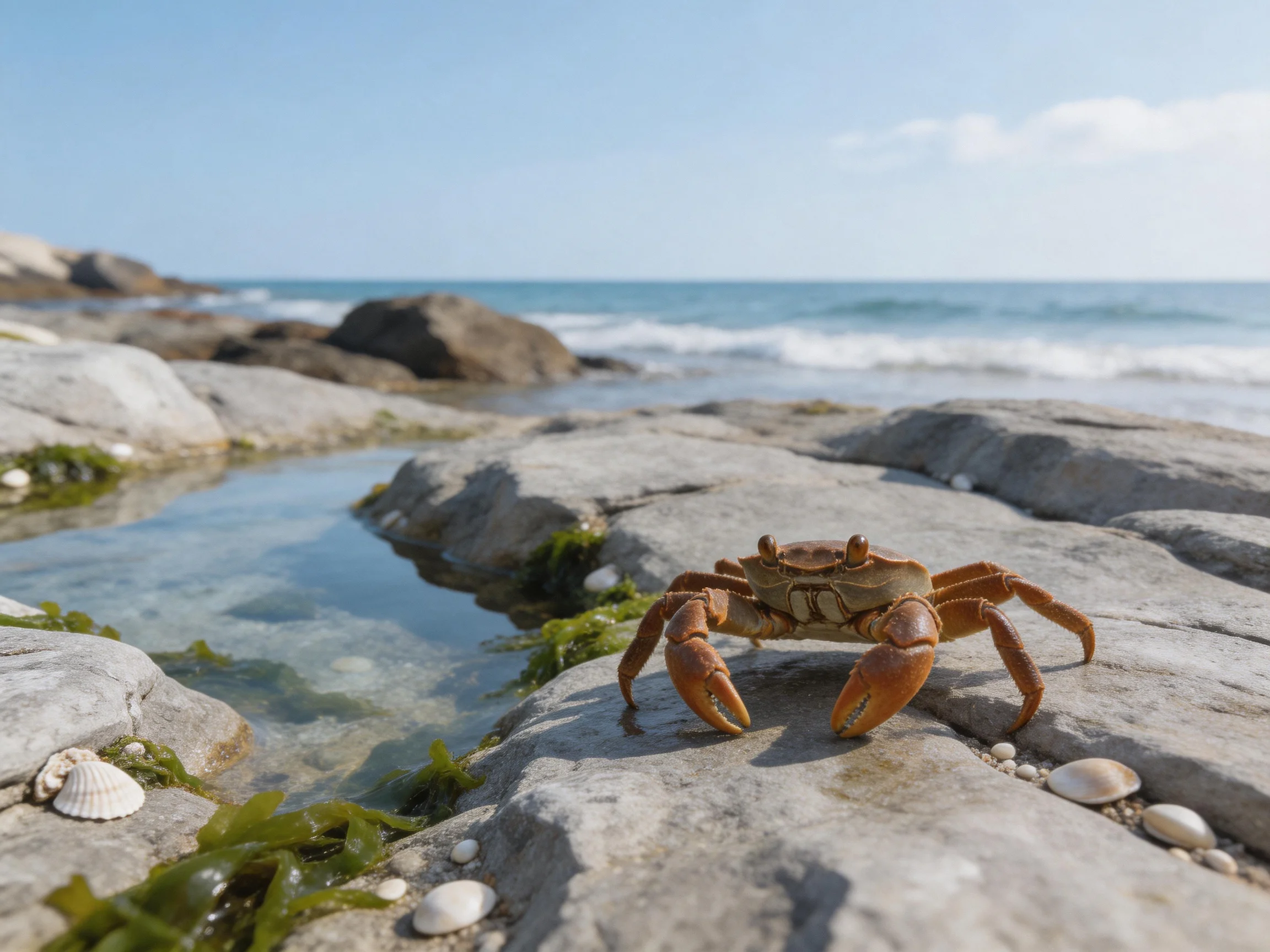 A brown crab on a rocky shoreline with seaweed and seashells