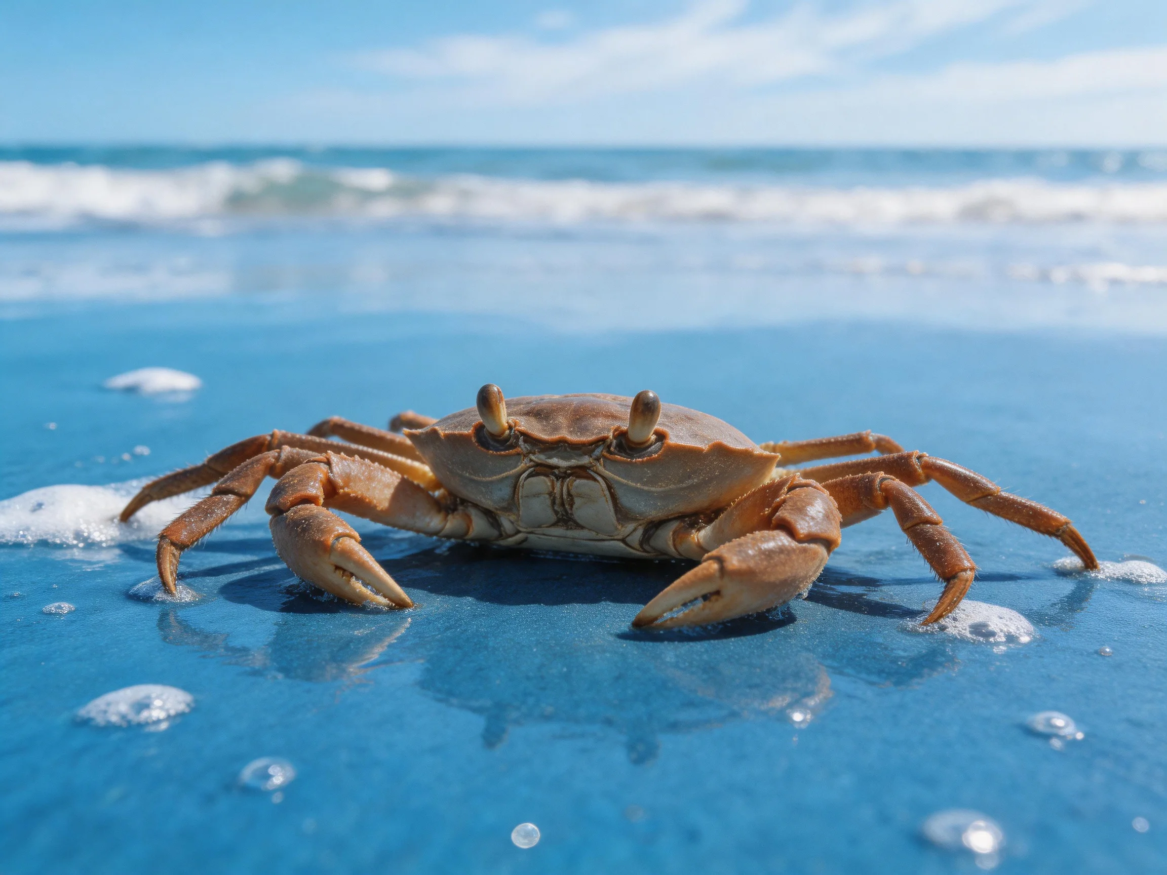 A brown crab on wet blue sand near crashing ocean waves