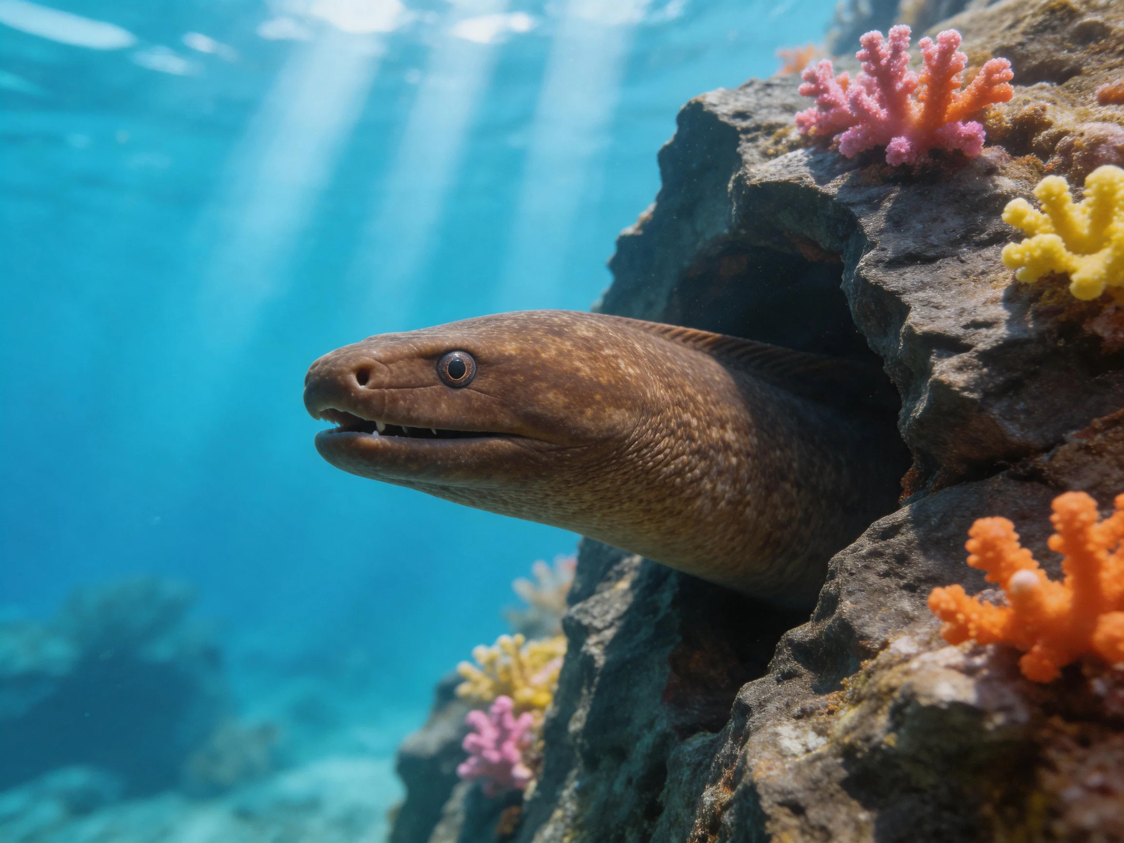 A brown moray eel emerges from rocky crevice near vibrant corals
