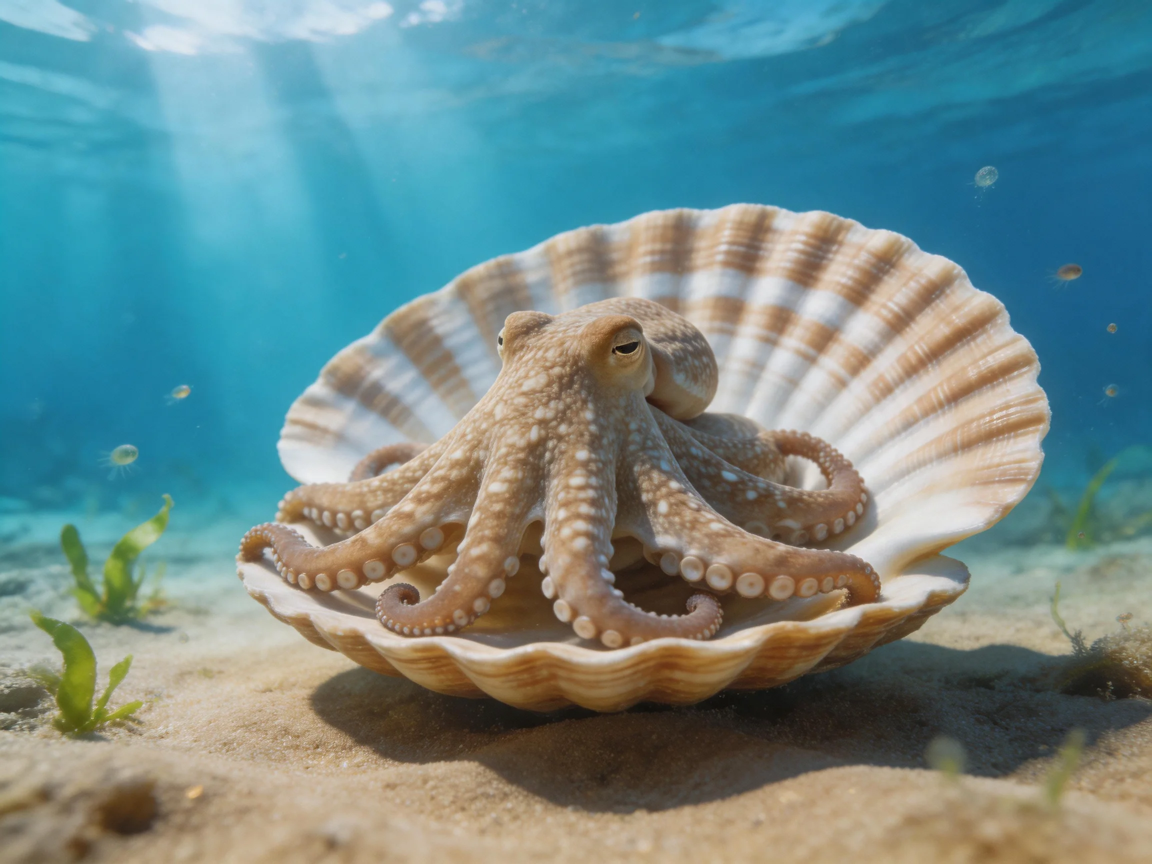 A brown octopus inside a large striped seashell underwater