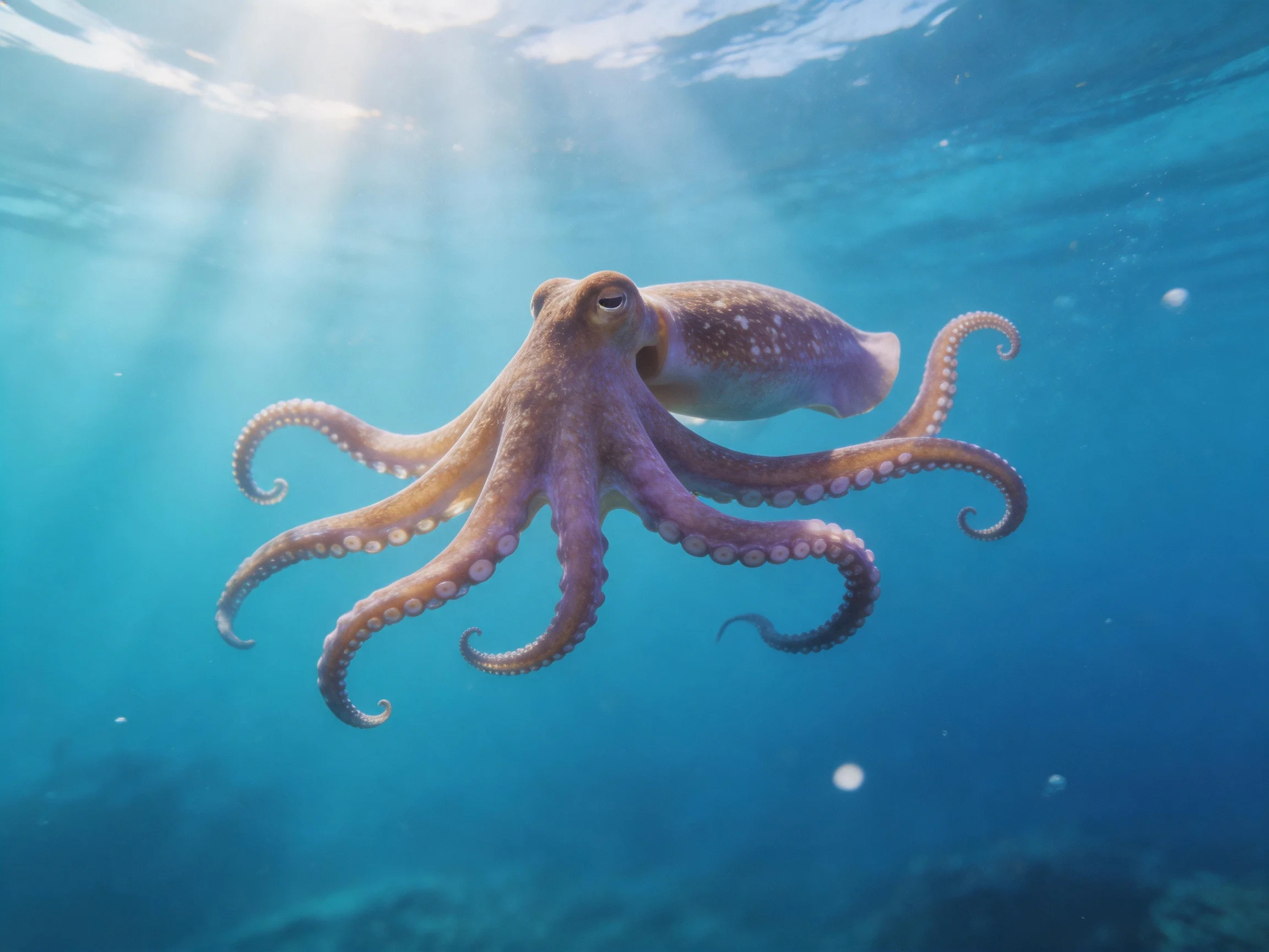 A brown octopus with pinkish tentacles swims in bright blue seawater