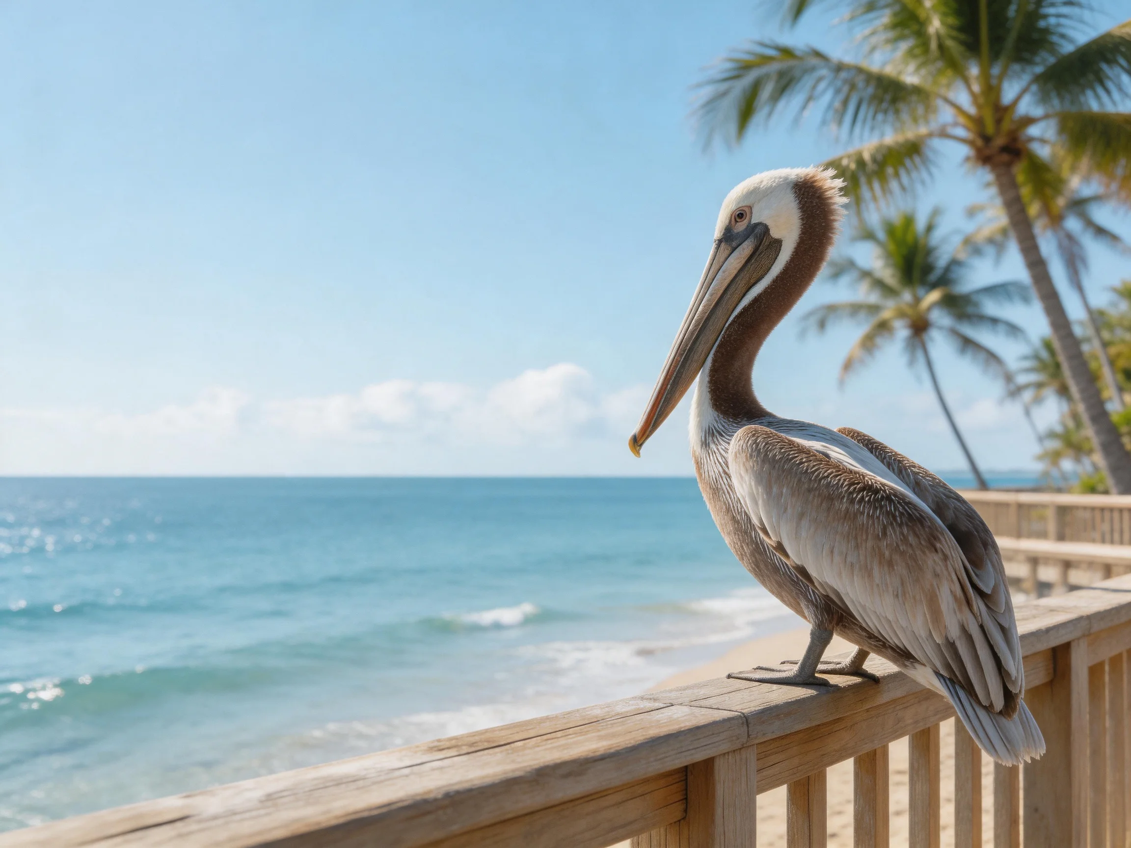 A brown pelican perched on a wooden railing by the ocean with palm trees